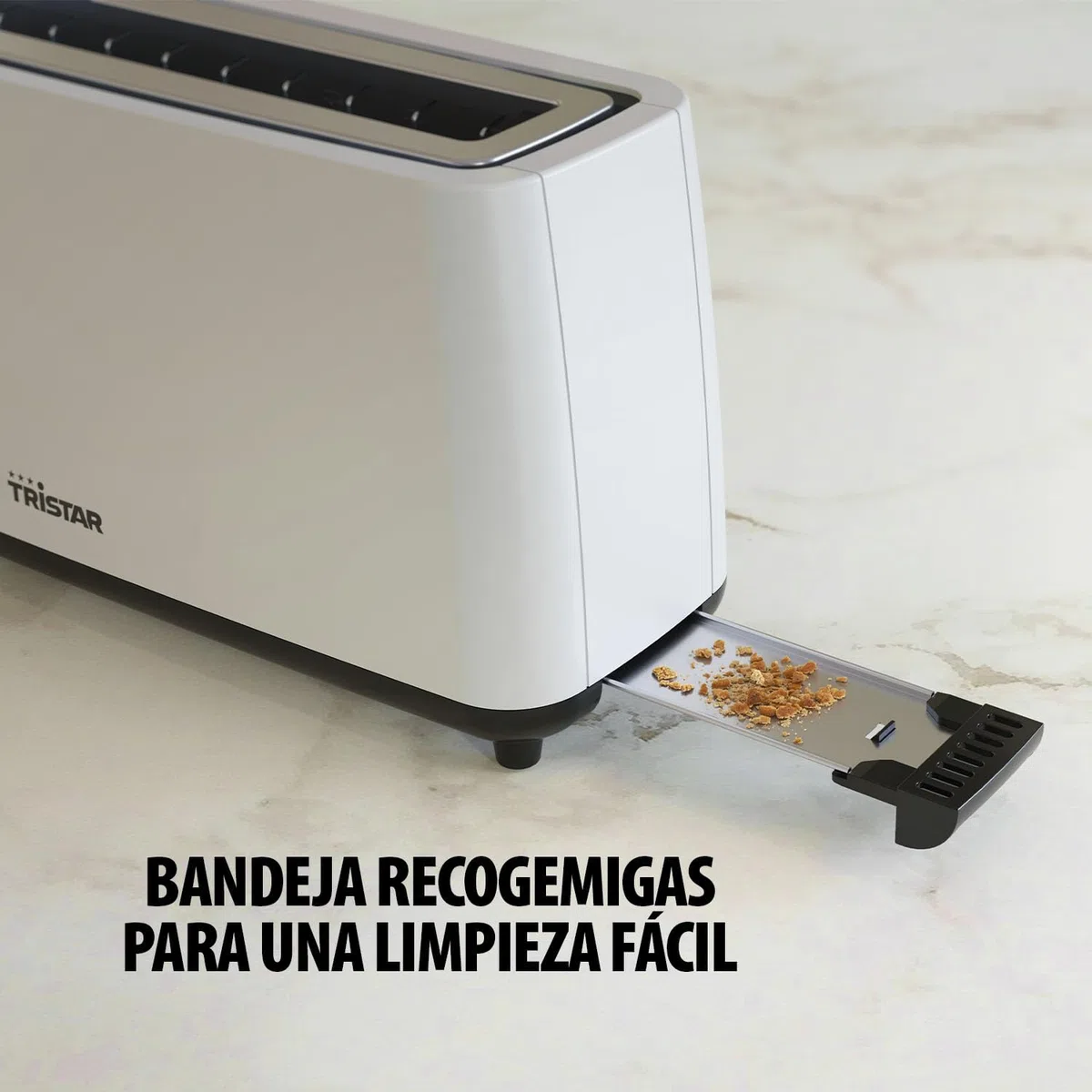Tristar Tostadora de una ranura larga, 7 niveles de tostado, función recalentar, función descongelar, función elevar, función centrar, función cancelar, blanco, BR-1056