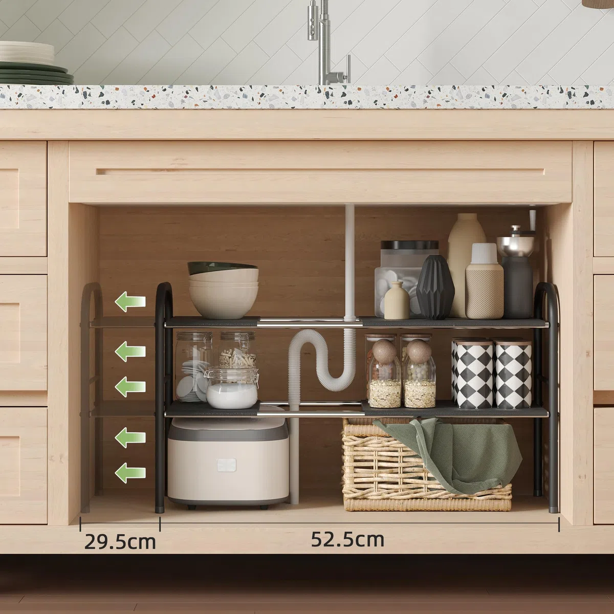 NETEL Organizador de armario inferior, estantería de cocina ajustable con 8 placas móviles, ancho extensible (52,5 – 82 cm)