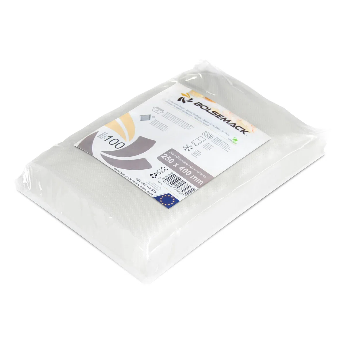 Bolsemack - Bolsas de vacío para alimentos 25x40cm (100 uds.). Textura gofrada. Compatible con cualquier máquina envasadora doméstica. Resistentes, Seguras y Económicas, Sin BPA. Certificación Europea