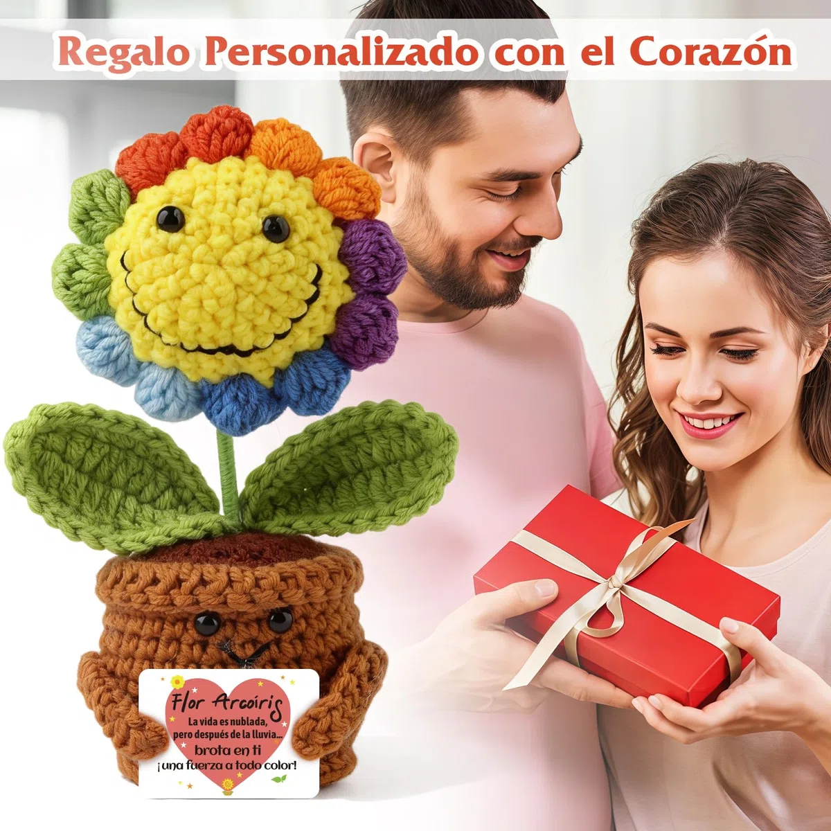 Muñeca de Girasoles Positivo con un Mensaje Positivo en Español | Regalos Girasol y Divertido para Mujer con Amuletos de la Suerte y Cofre del Tesoro | Idea para Cumpleaños, Amiga, Niña | Peluche Moti