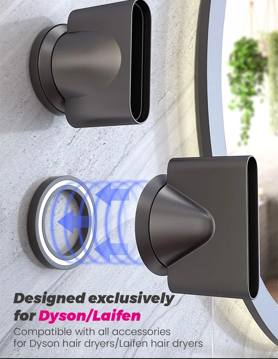 Soporte Secador Compatible con Dyson, Accesorios Secador Compatible con Dyson Supersonic con función de Almacenamiento de Cable y Capacidad para 2 boquillas. Fabricado en Aluminio
