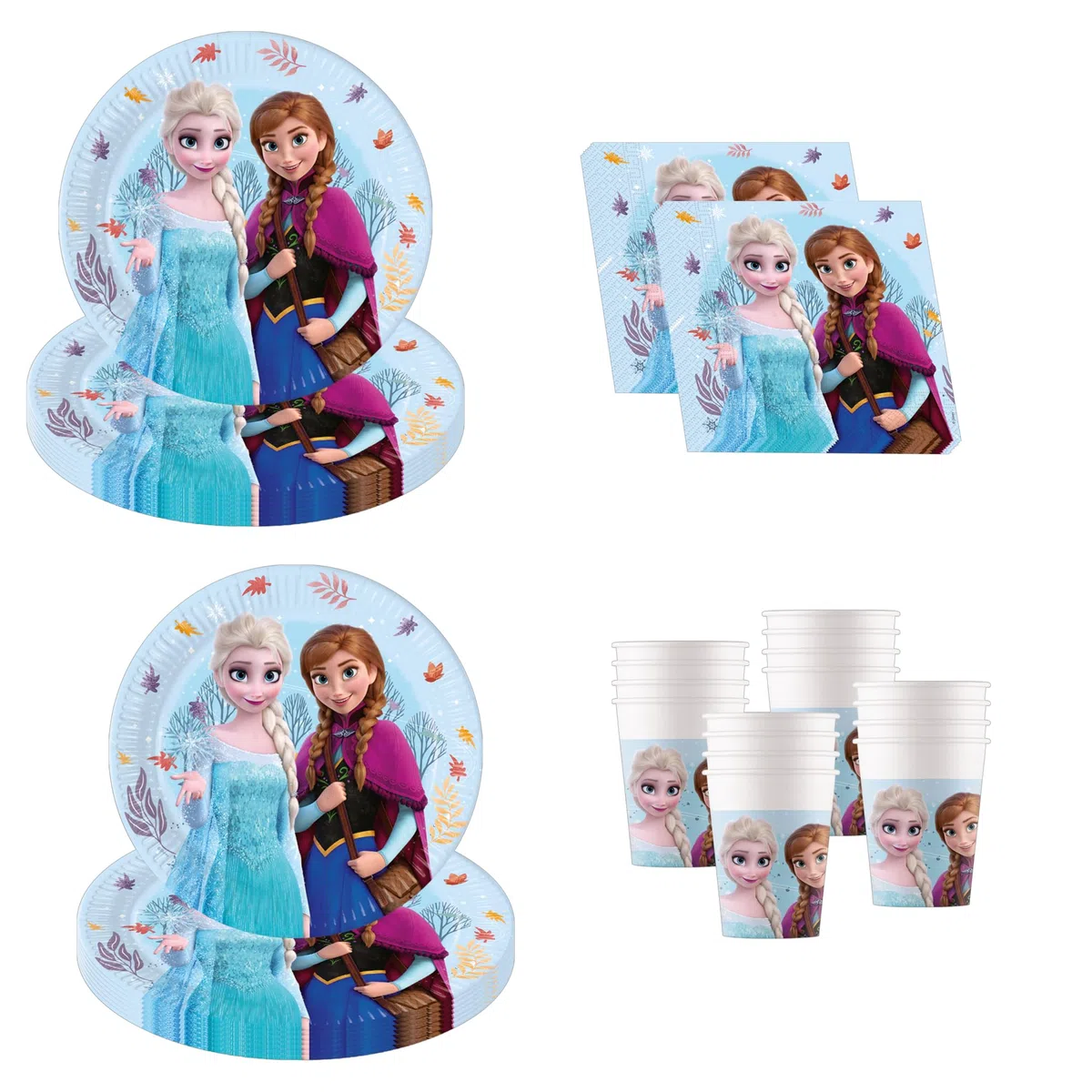 Procos - Decoración de cumpleaños Frozen Idyllic Wonder, 52 piezas, platos de cartón, vasos y servilletas para fiestas infantiles, vajilla de fiesta