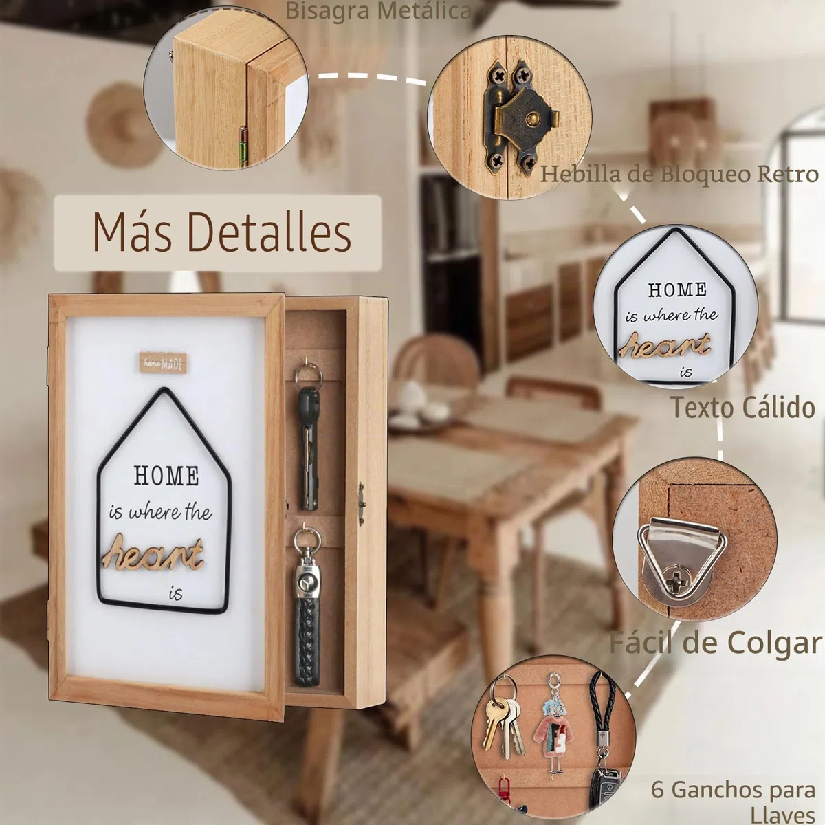 Caja Llavero de Pared Tipo Armario de Madera para Llaves con 6 Ganchos Estilo Nórdico - 27x20x6.5cm