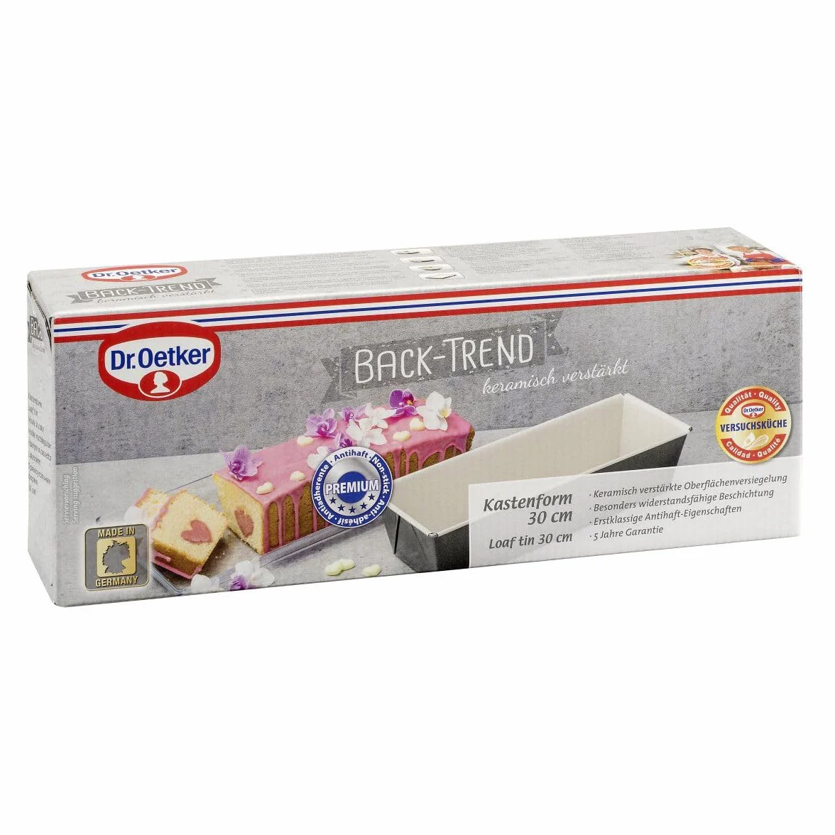 Dr. Oetker, 30x11,5x7,5cm, Molde rectangular plumcake en acero reforzado con cerámica y revestimiento antiadherente especial, 1ud, Gris marengo y crema