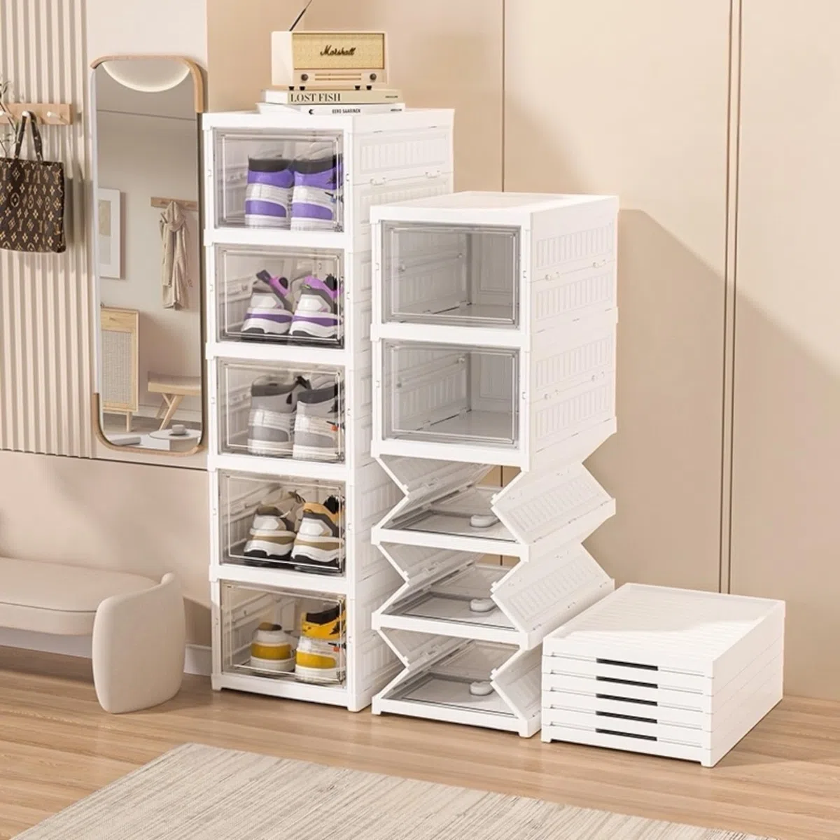 6 Niveles Sin Instalación Cajas de Zapatos Transparentes Plegables, Armario de Zapatos anti-Polvo Puerta, Cajas de Zapatos Ahorradoras de Espacio, Armario de Zapatos para Muchos Zapatos CAJON 6P