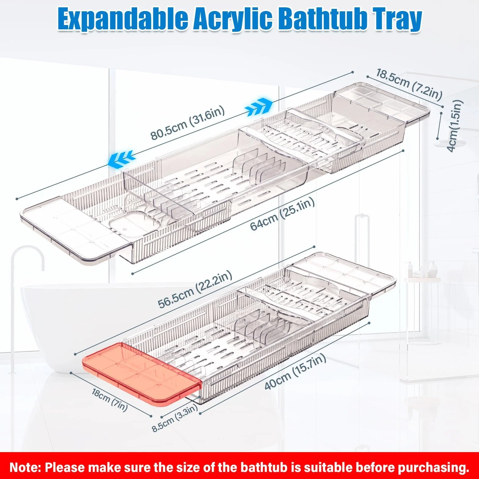 Bandeja para Bañera de Acrílico, Bandejas Bañera Jacuzzi para Bañera para Una Bandeja de Baño Retráctil para Bañera, Accesorio de Baño para Copas de Vino, Libros, Tabletas, iPad y Teléfono