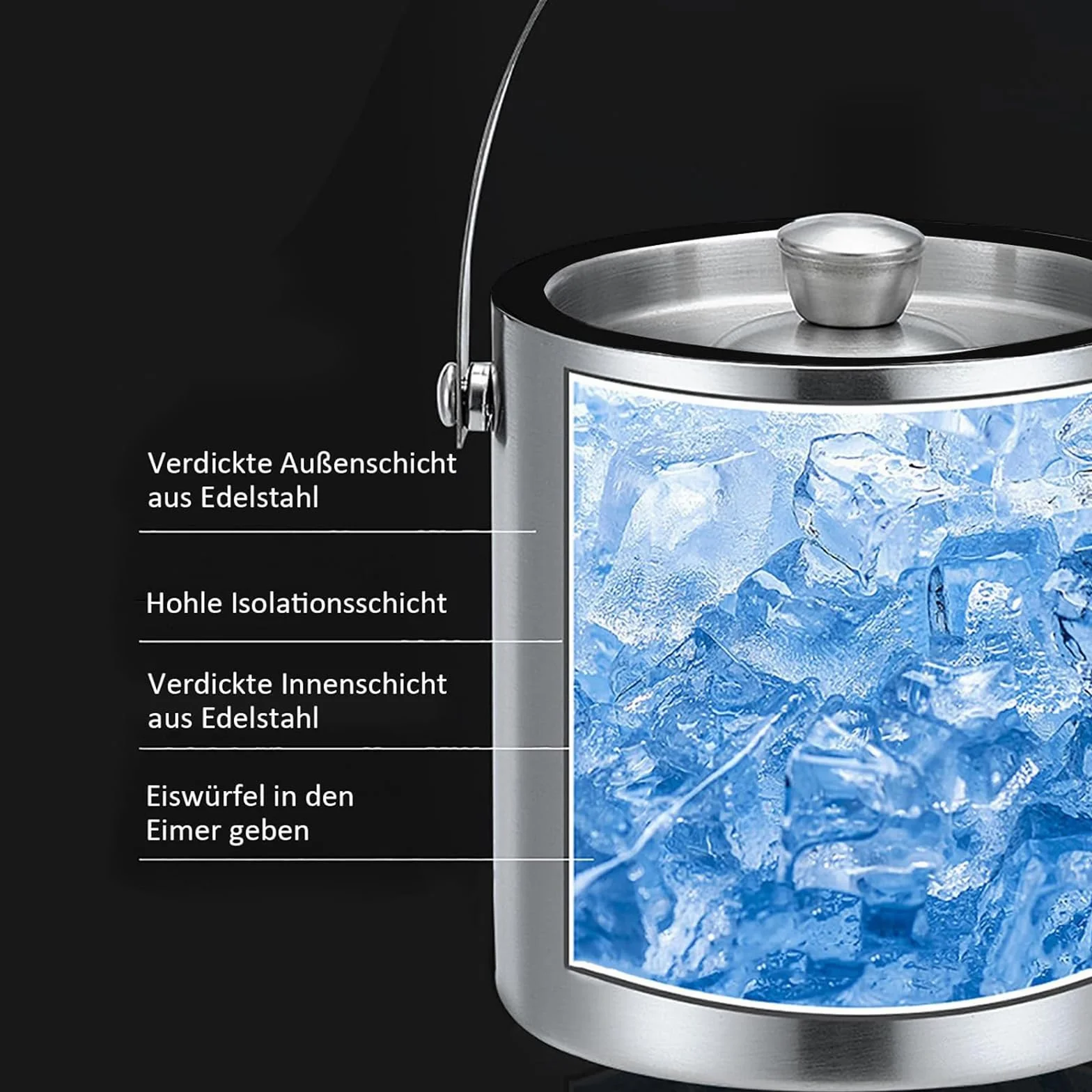 Cubitera, Cubitera Redonda con Tamiz y Pinzas Para Hielo, Recipiente Para Cubitos de Hielo de 2 Litros, Cubitera de Acero Inoxidable, Enfriador de Cubitos