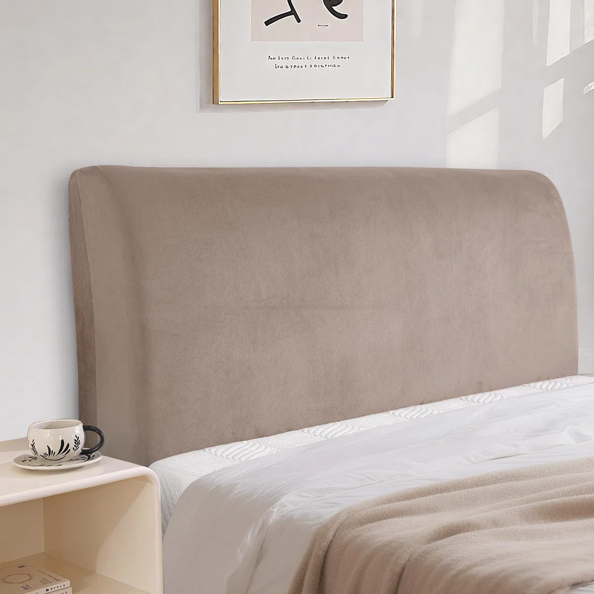 Terciopelo Funda Cabecero Cama, Protector De Cabecero De Cama A Prueba De Polvo, Desenfundable, Universales, Elástico, Tejido Suave, Decoración del Dormitorio(120cm, Caqui)