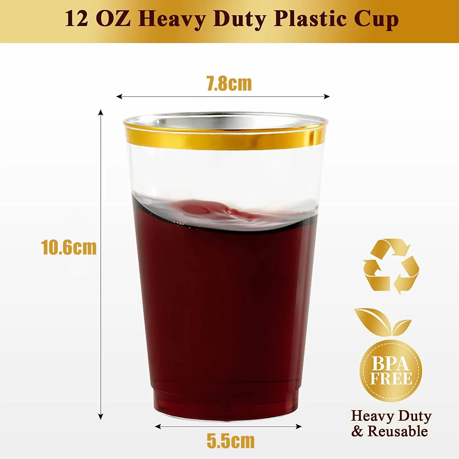 LATERN 50 Piezas Vasos de Plástico con Borde de Dorado, 360ml Plasticos Vasos de Bebida Reutilizables Copas de Vino Elegantes para Fiestas para Champán Cerveza Cóctel Martini Soda (10,5 x 7,5cm)