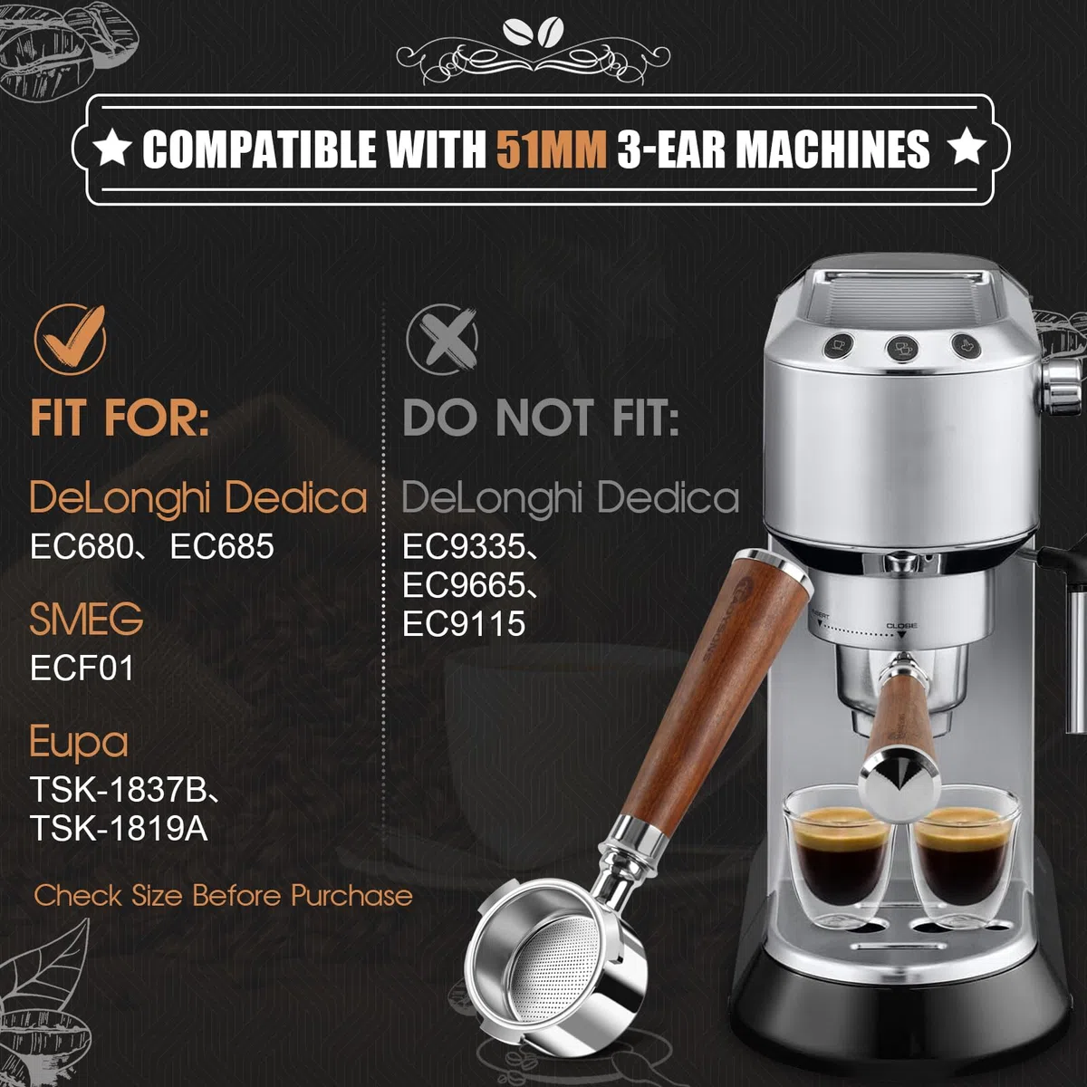 Portafiltro sin fondo de 51 mm – compatible con DeLonghi Dedica EC680/EC685, Portafiltros de 51 mm con 2 filtros de acero inoxidable y agitador de café de 5 agujas – 3 Ears