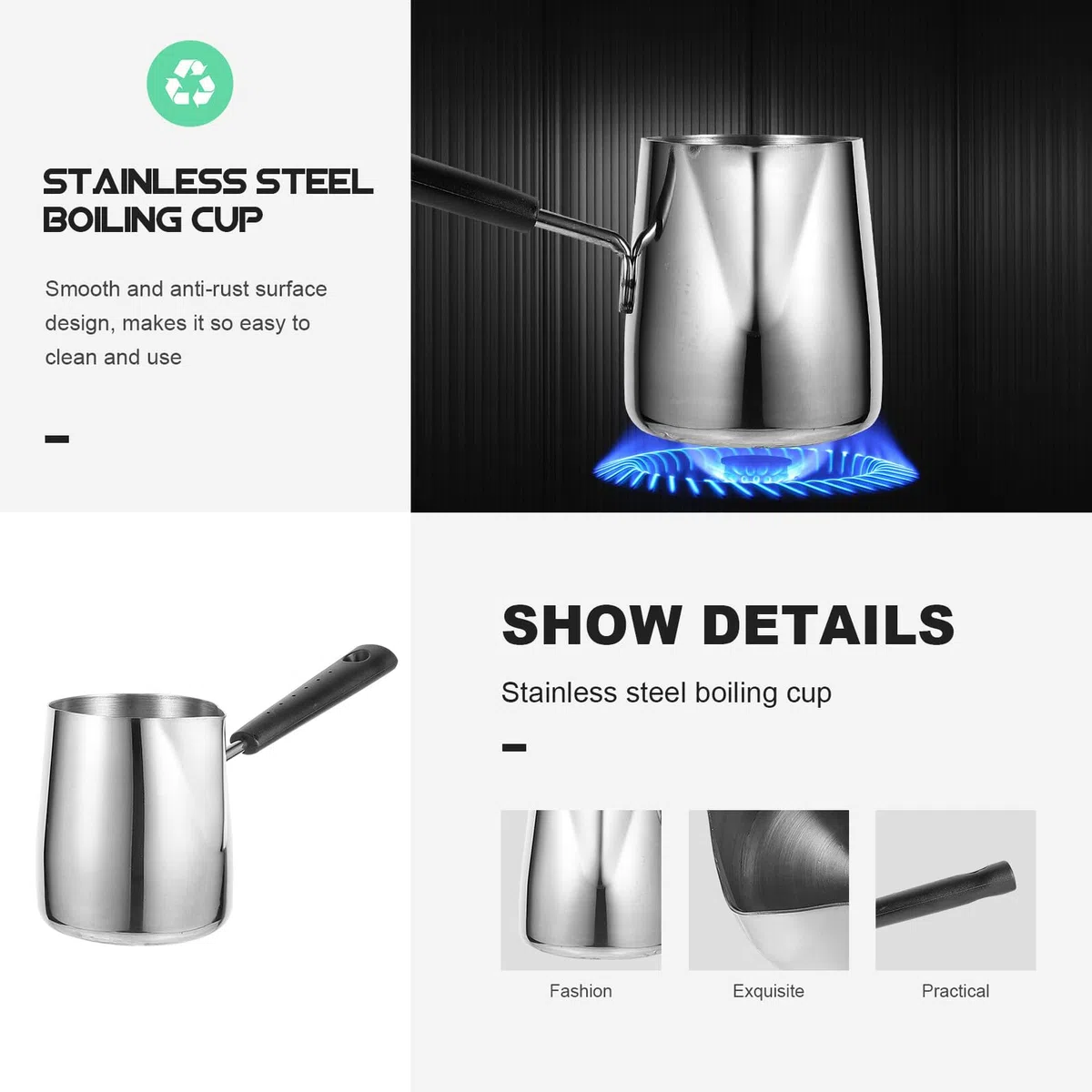 SOIMISS Copa de Acero Inoxidable Calentar Leche Taza Medidora Portátil Mango Ergonómico para Café y Chocolate Fundido Cocinas de Gas y Estufas Portátiles