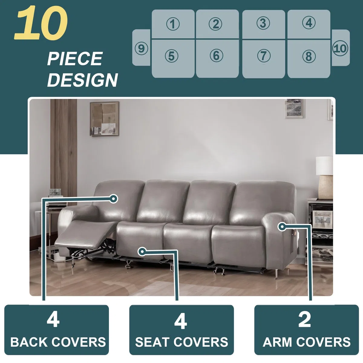 Juego de 10 fundas impermeables de cuero elástico para sofá reclinable de 4 plazas, parte inferior elástica, resistente a los arañazos, lavable, color gris pardo