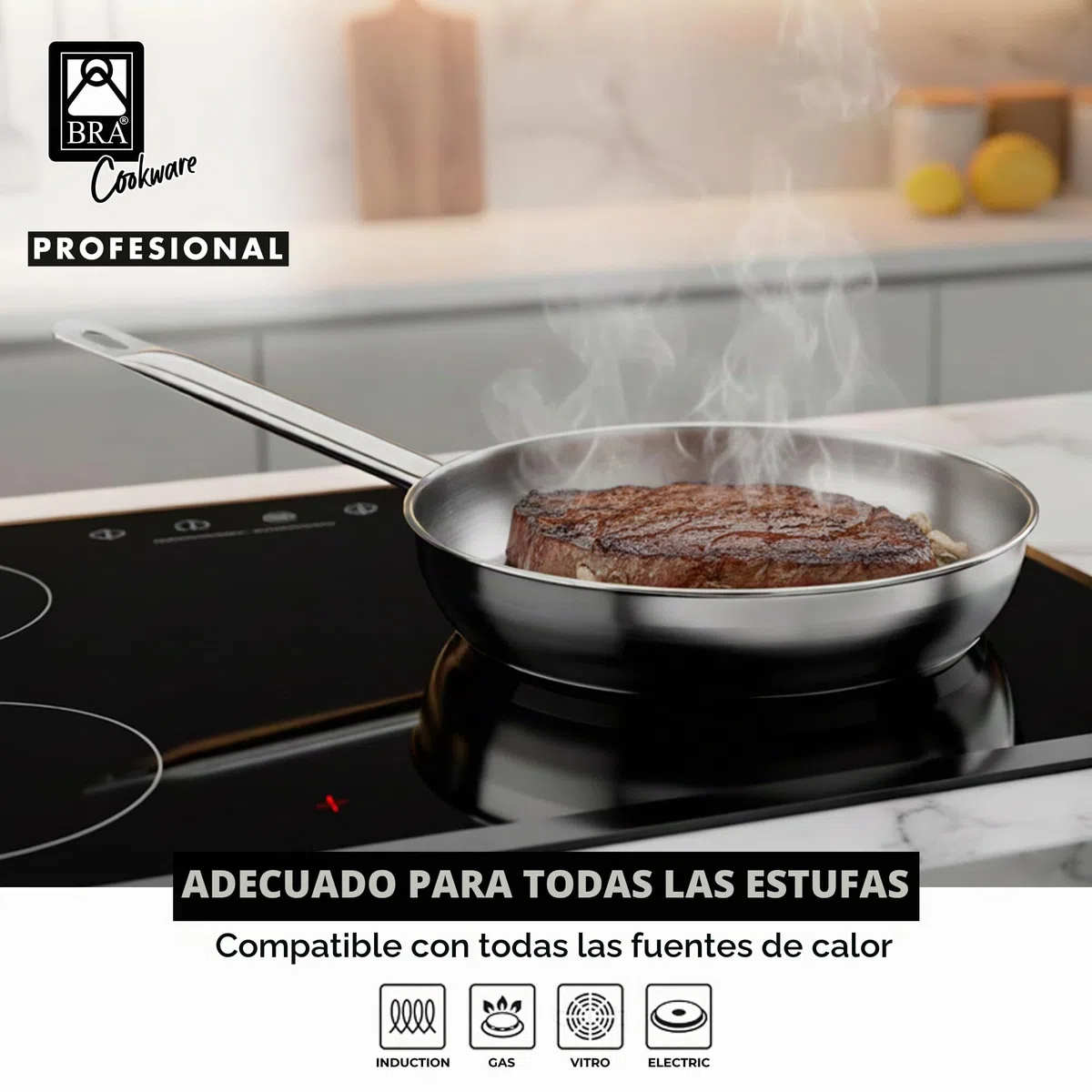 BRA A121612 Profesional Sartén, 24 cm, Acero Inoxidable, 18/10, Triple Fondo difusor sin Antiadherente, Full Induction, Mango ergonómico, Plateado