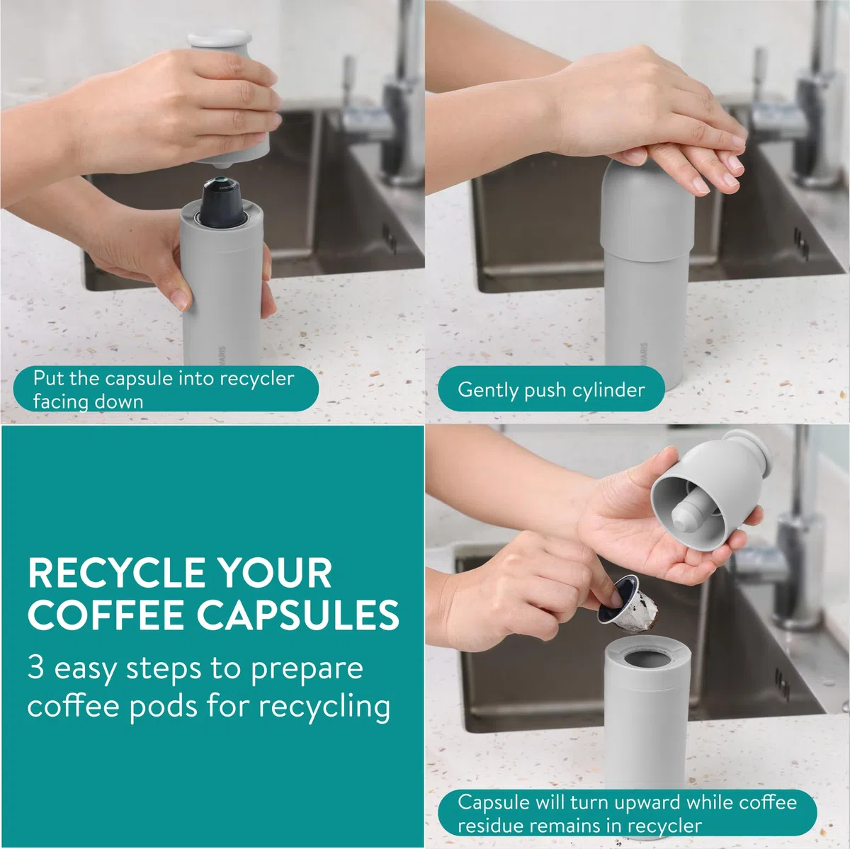 Navaris Reciclador de cápsulas de café - Separa la cápsula de Aluminio - Reciclaje Efectivo - Separador orgánico - Fácil de Usar y Limpiar - Gris