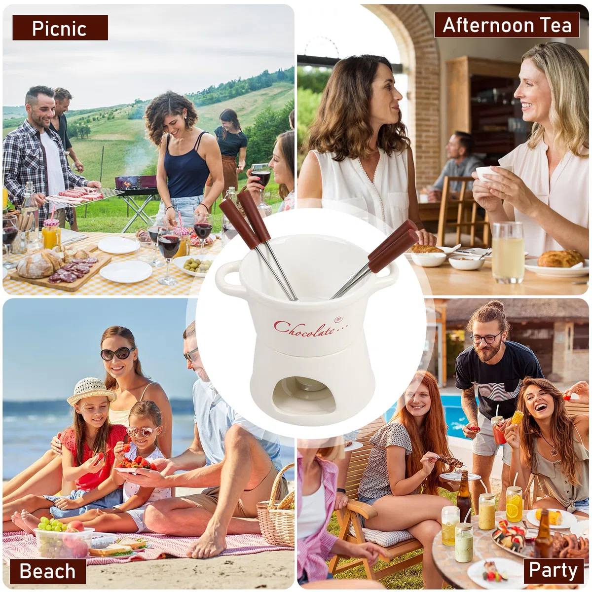 BigKing Crisol para chocolate y queso de 300 ml, juego de fondue de chocolate de cerámica con 4 tenedores y 4 velas de té, extraíble, mini taza para fondue para casa, restaurante y café