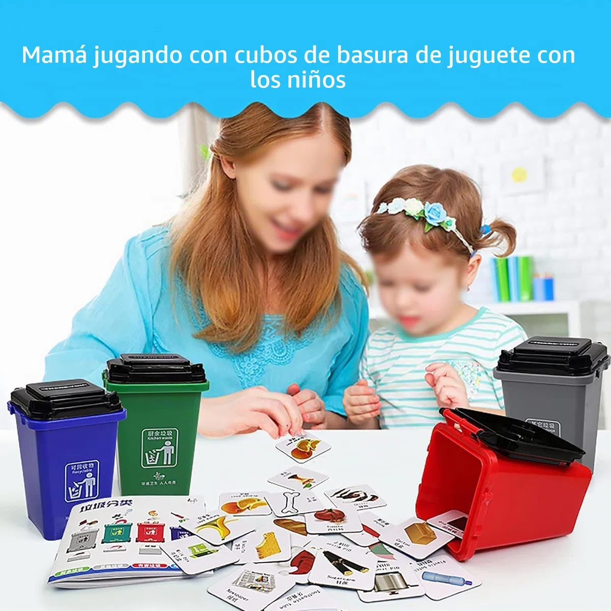 【RECOMENDADO POR PEDAGOGOS】 Juego Educativo Reciclaje para Niños 3-8 Años - 4 Cubos Basura + 108 Tarjetas + Guía Interactiva | Juguete Montessori para Aprender Clasificación de Residuos