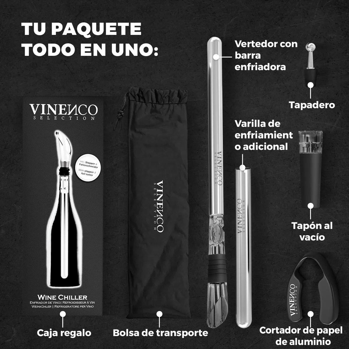 Enfriador de Botellas de Vino Blanco 3 en 1 Kit: Juego de Refrigeración Acero + Tapón Decantador + Aireador Accesorios Bar