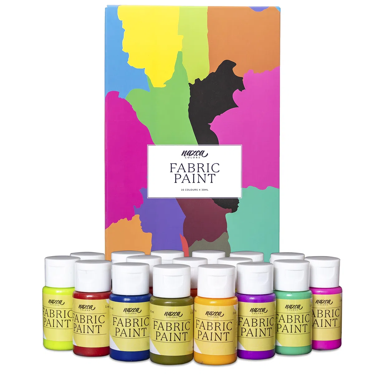 Nazca Colors Pintura Textil Permanente y Lavable Set 16 Colores x 30ml – Acrílicos para Tela y Cuero ideal para Pintar Ropa, Zapatillas, Camisetas, Vaqueros, Sneakers, Totebags