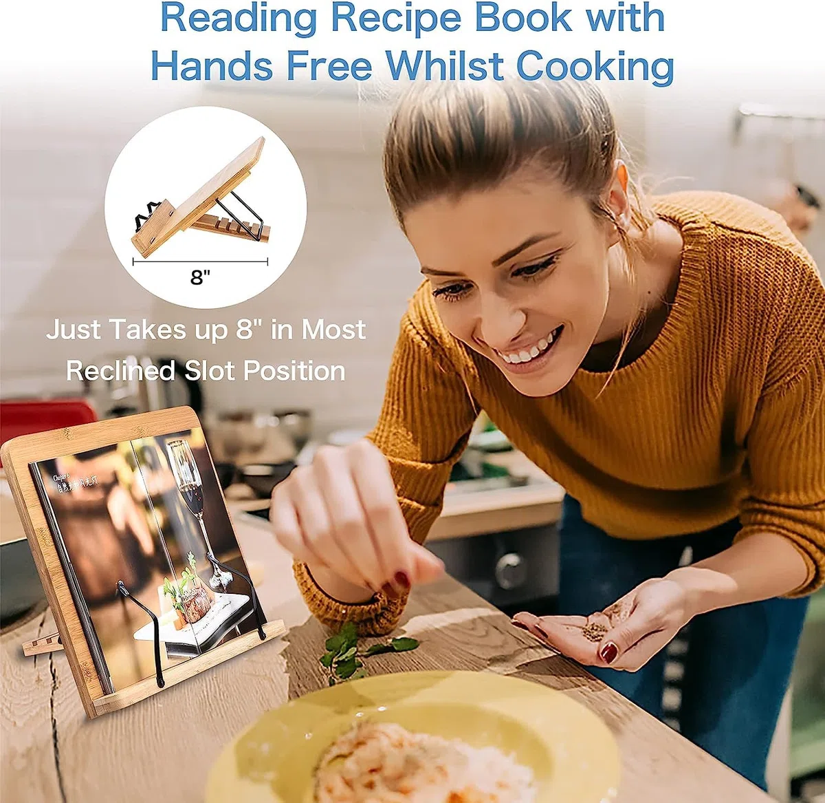 Soporte de madera para libros y libros de cocina con ángulos ajustables para leer las manos libres, soporte para libros de cocina resistente con clips de papel, libros de texto (34 x 23,9 cm)