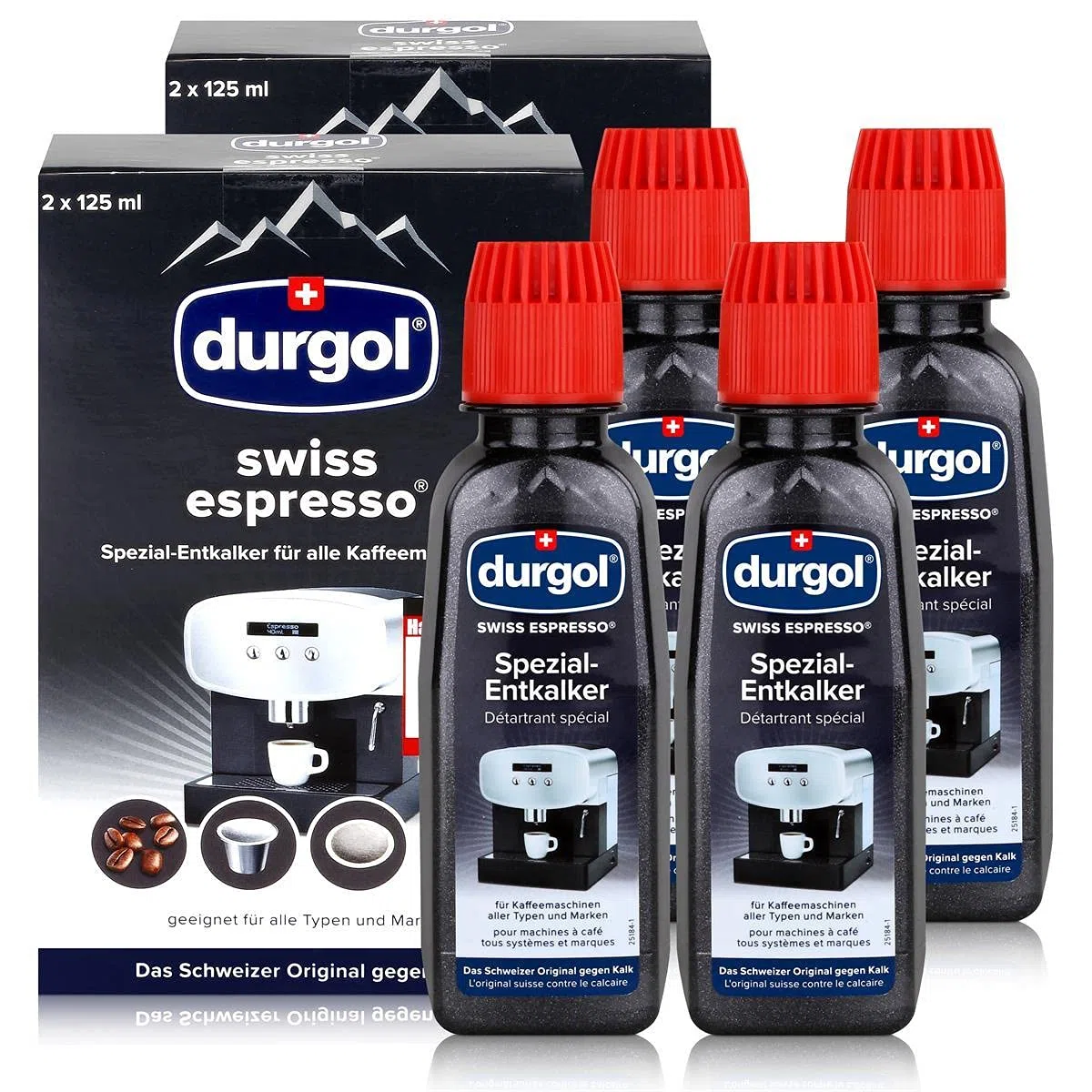 durgol Descalcificador especial de wiss espresso – Eliminador de cal para cafeteras de todo tipo y tipos, fácil limpieza sin tiempo de exposición ni residuos, versión alemana, 4 x 125 ml