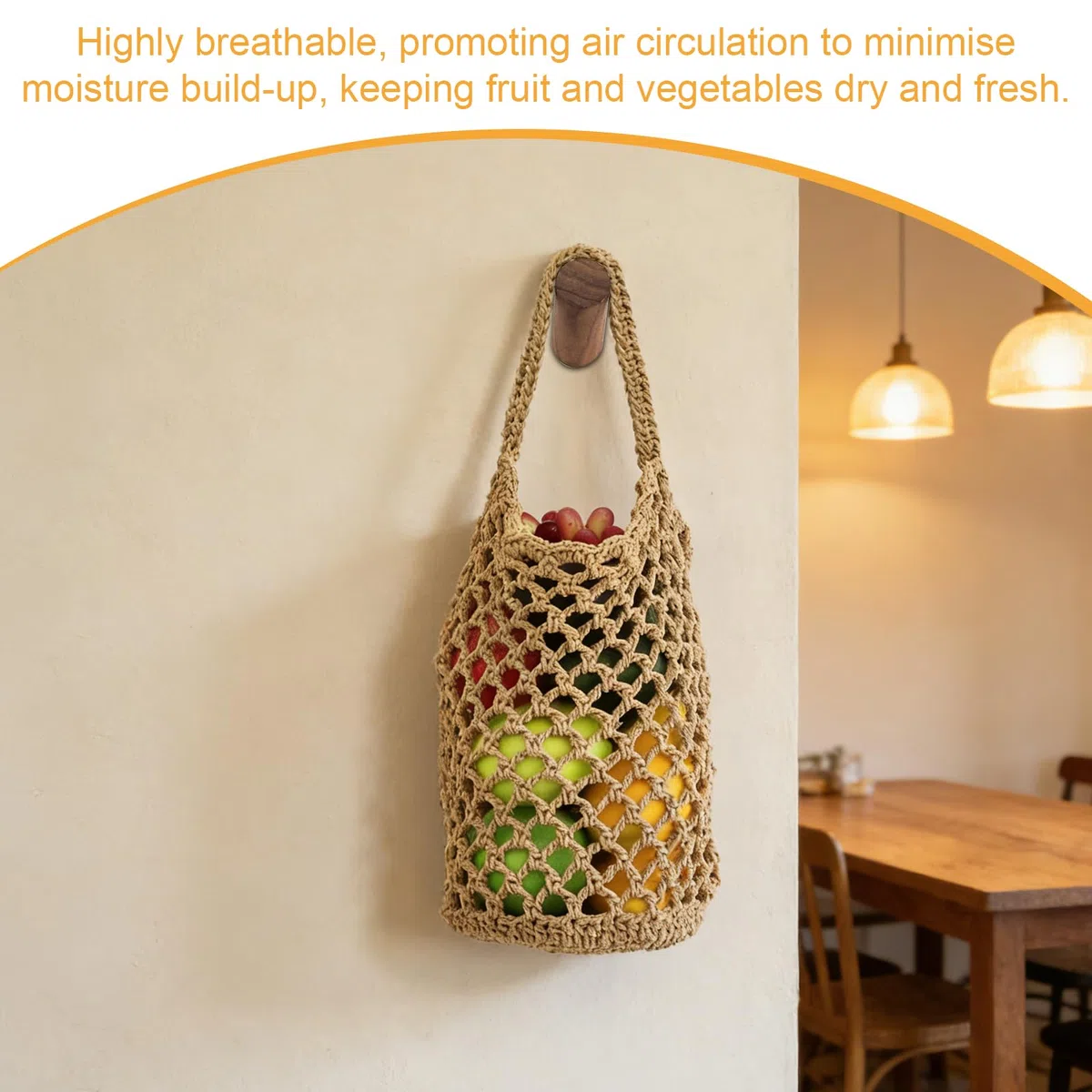 Cestas Colgantes para Frutas, Cesta Colgante de Pared Cestas de Frutas Vegetales para Colgar, 2 Piezas Tejido a Mano Malla 32x16cm para Huevos Frutas Verduras, Suspensión en Pared o Techo