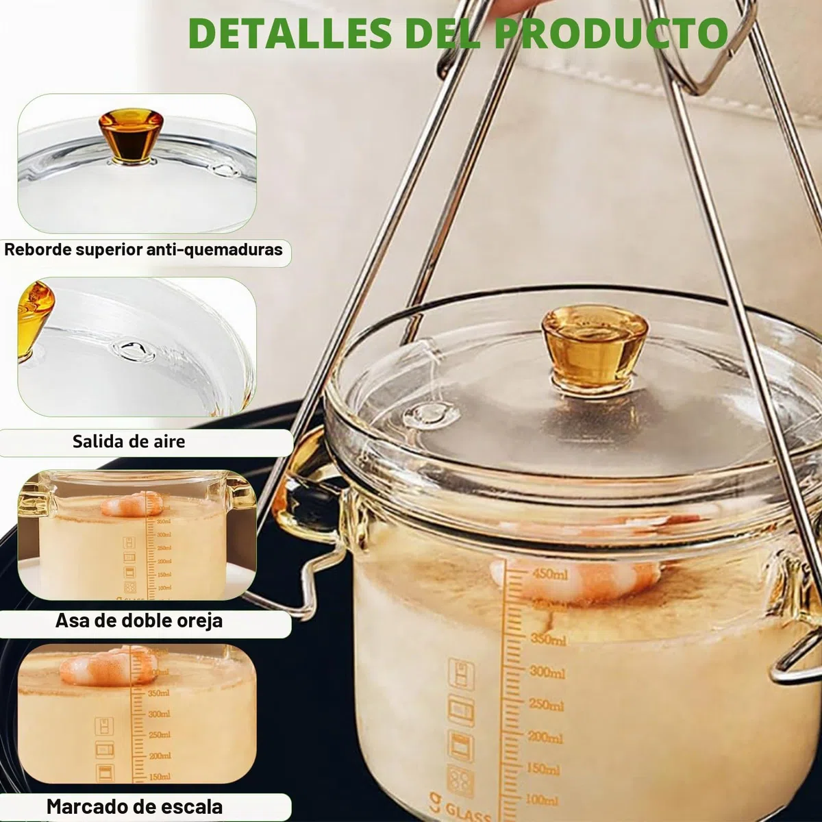 0.45L/15.8oz Olla de Cristal para Sopa, Olla de Sopa de Vidrio para Placa de Inducción, Olla Multifuncional de Vidrio Transparente de con Tapa para Ensalada, Sopa de Pasta y Leche