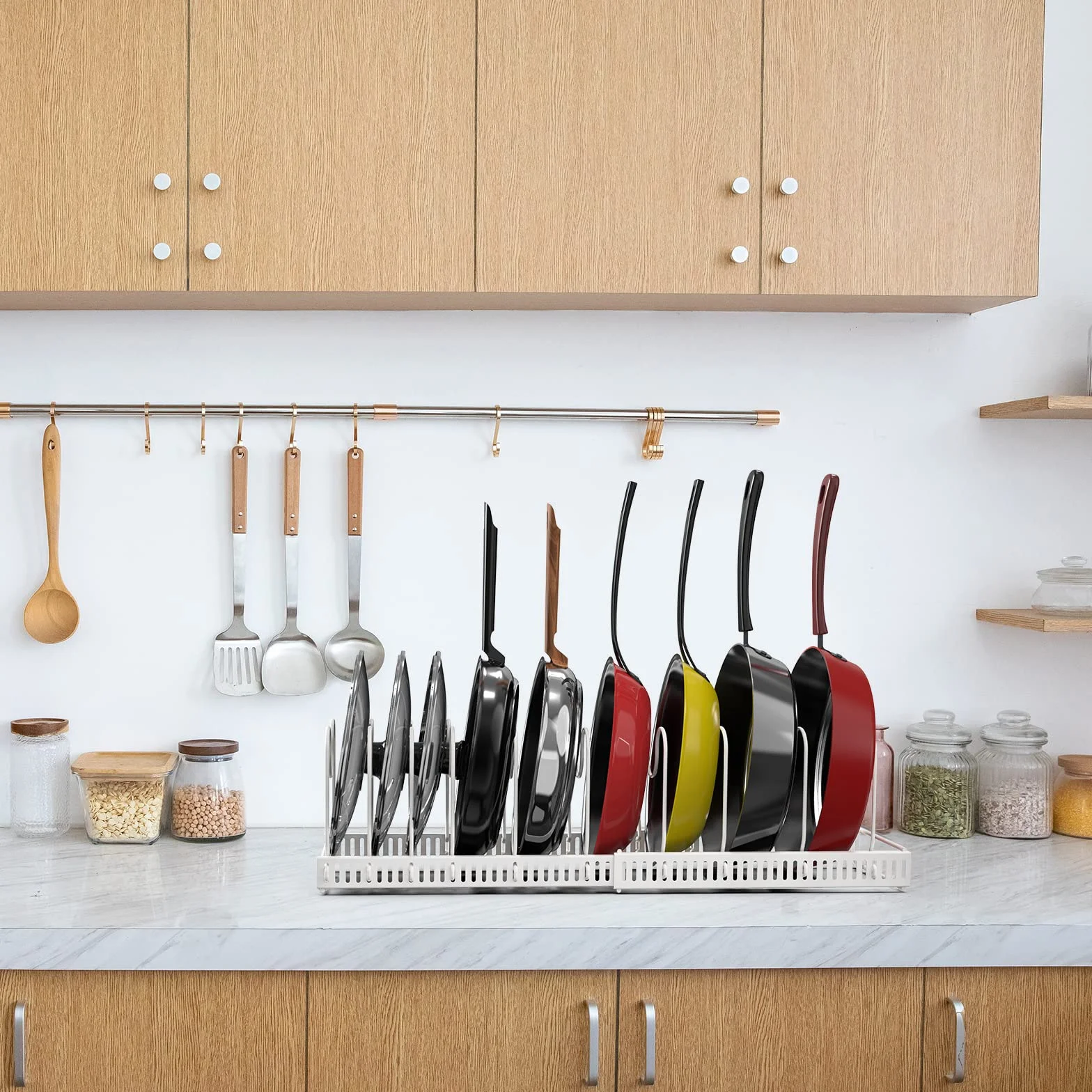 Puricon Organizador de Sartenes, Ollas y Tapas, Soporte Sartenes para Armario, 10 Compartimentos Solución de Almacenamiento Flexible para Espacio Limitado en La Cocina -Blanco