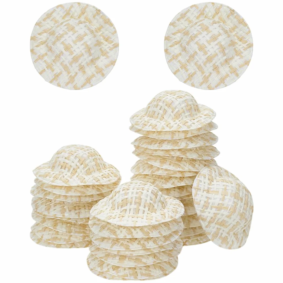 FINGERINSPIRE 30 mini sombreros de paja de imitación de 50 mm de diámetro, papel redondo plano con tela, sombreros pequeños, mocasín, tamaño pequeño, sombrero de punto de paja para manualidades de