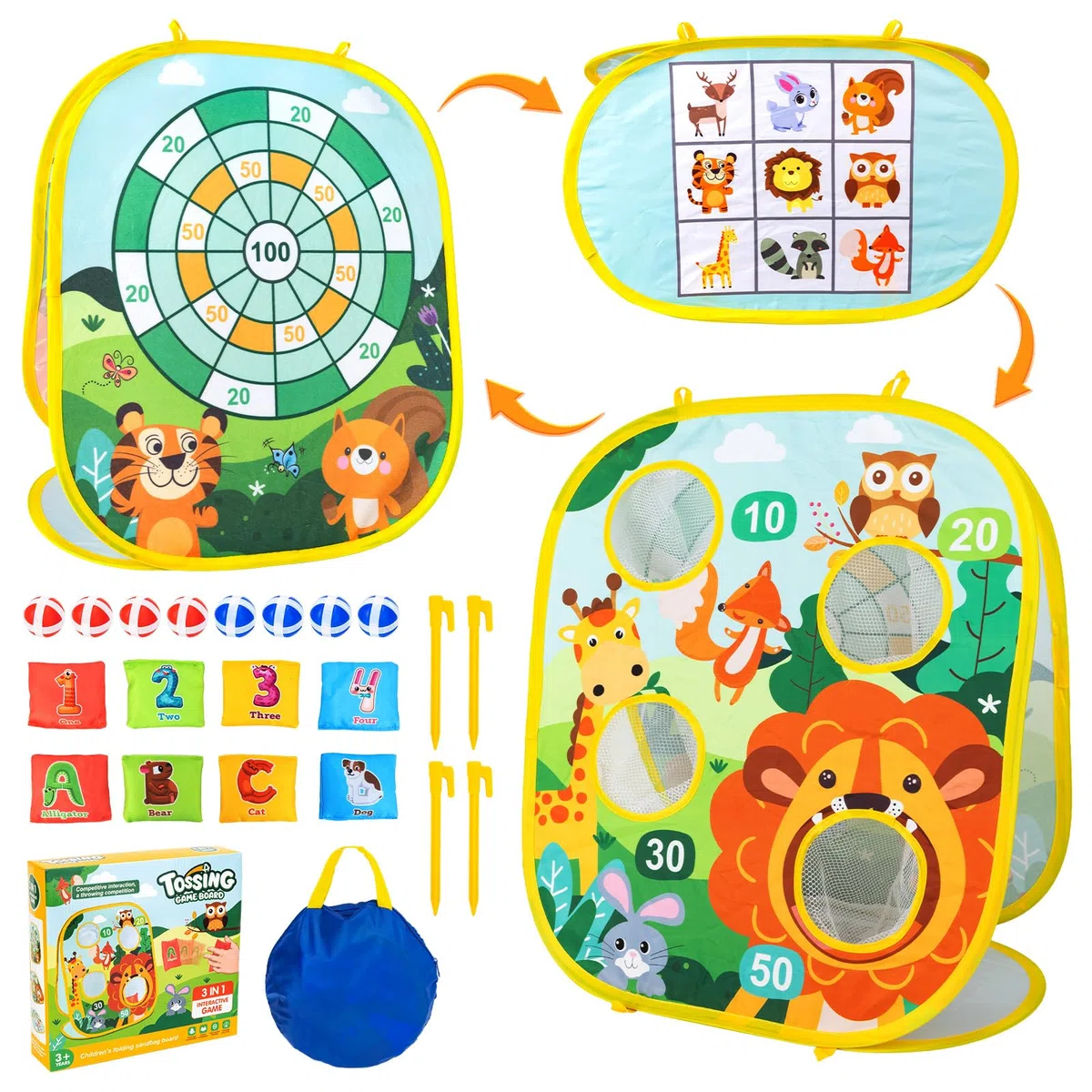 Juego de Lanzamiento Niños, Funsland Juego de Lanzamiento de puf 3 en 1 y Exteriores Plegable Portátil Deportes Toss Game para Actividades Jardín o Fiestas, Regalos Niño 4-8 Años