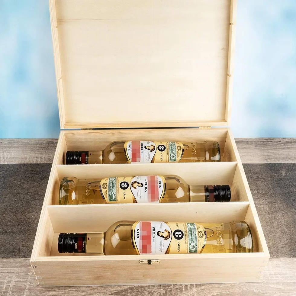 Caja de vino de madera con tapa, 3 compartimentos interiores, 35 x 30 x 10 cm, con cierre de metal dorado, ideal para manualidades y pintura, caja de madera DIY