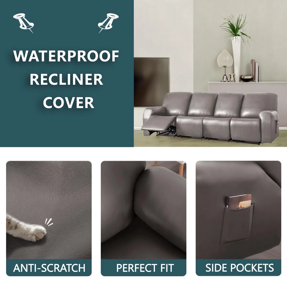 Juego de 10 fundas impermeables de cuero elástico para sofá reclinable de 4 plazas, parte inferior elástica, resistente a los arañazos, lavable, color gris pardo