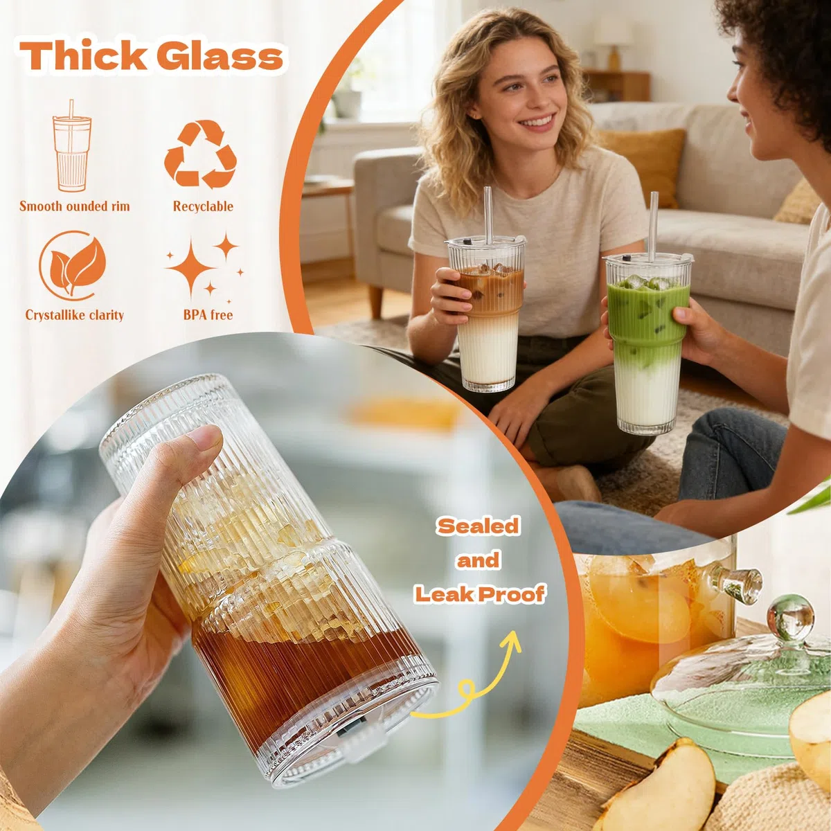 2 vasos de cristal acanalados con tapa, 600 ml