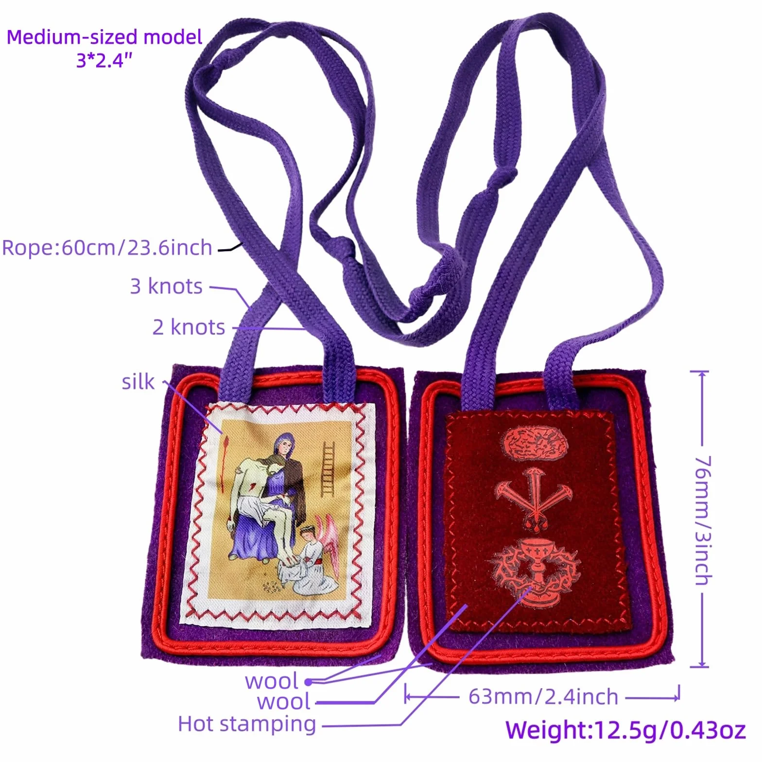 MERCILIA MEISHILAI Escapulario morado de 7,6 x 6,3 cm - Escapulario de lana Escapulario Morado de Bendición y Protección para los tiempos finales - Incluye bolsa de terciopelo morado y tarjeta de