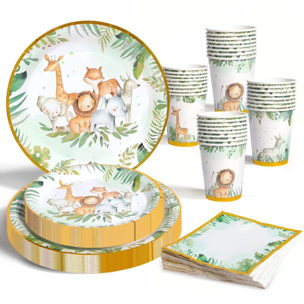 Jungle Safari Juego de vajilla para Fiestas de cumpleaños para niños Suministros de Papel para 24 Invitados, vajilla de Fiesta de Animales Platos de Papel servilletas para cumpleaños, Baby Shower