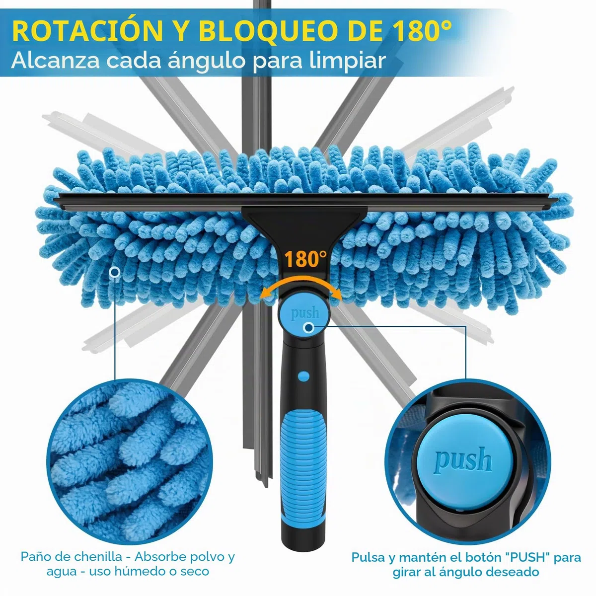 Set de equipo de limpieza de ventanas incluye limpiador de 200 ml y escobilla limpiacristales 2 en 1 con poste de limpieza extensible de 195 cm, kit de limpieza de ventanas sin dejar marcas para