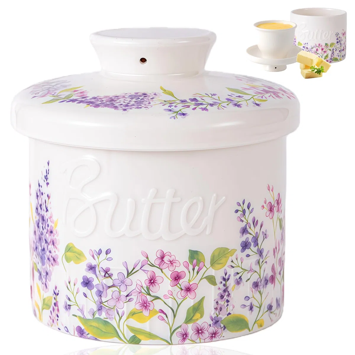 Mantequillera Francesa,Mantequera De Cerámica, Mantequillero Cerámica Para Mantequilla Fresca Y Untable, Mantequillera Para Regalo De Cumpleaños/Navidad/Día De La Madre (Lila, 6.7oz)