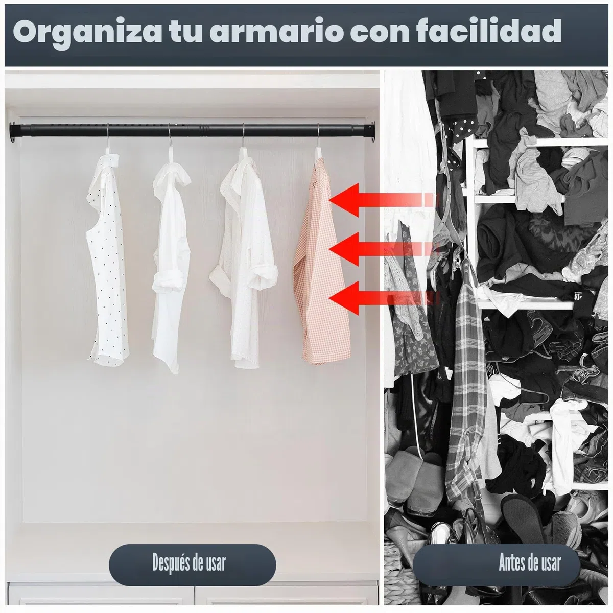Barras de armario para colgar ropa, barra de metal ajustable de 40 a 212cm, barra de armario extensible resistente, barra retráctil de 1.1 pulgadas de diámetro para armarios, lavandería, RV, color