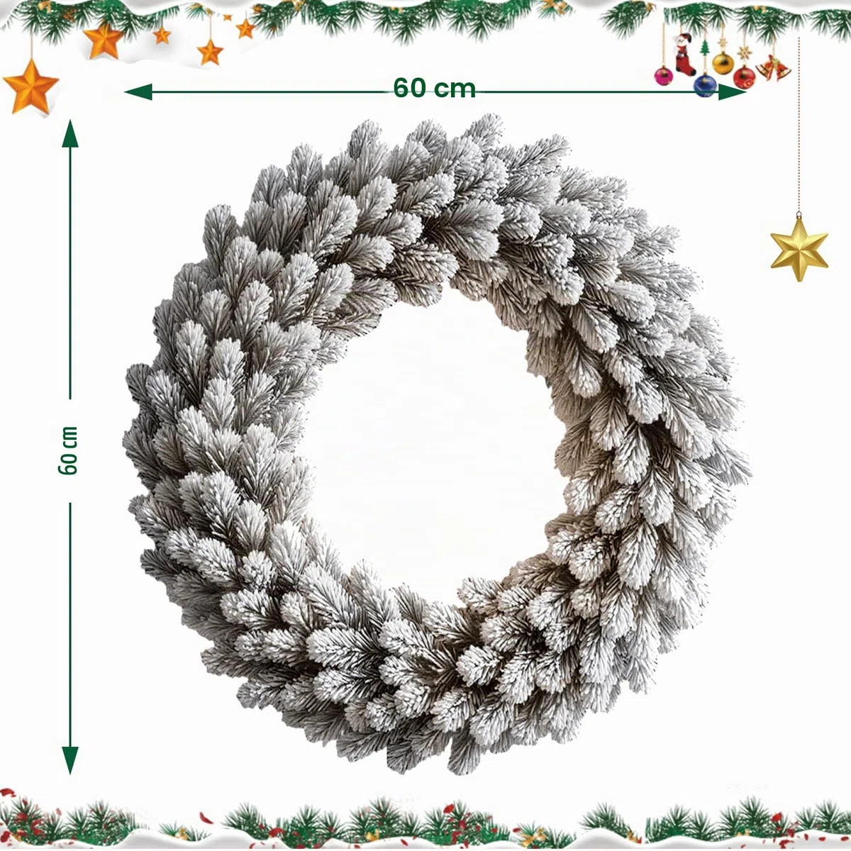 KOIUEYW Corona de 60cm para puerta de Navidad, corona de Navidad para la puerta principal con nieve artificial y LED, corona de adviento artificial creativa con luces, corona de Navidad artificial