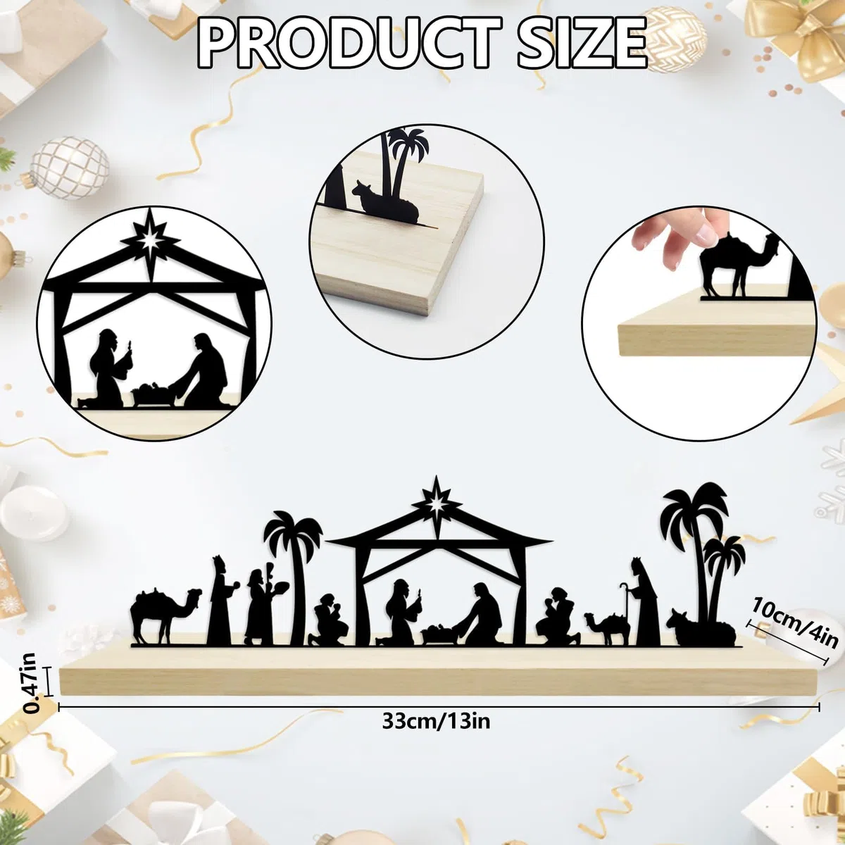 HINGTAI Juego de belén navideño de Metal Negro con Base de Madera, decoración de belén de Invierno, Juego de belén navideño para Interiores, decoración de Mesa y estantes para el hogar Durante