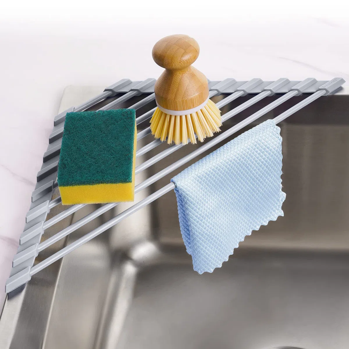 Tomorotec Escurridor de Platos Enrollable Triangular – Pequeño Plegable Recubierto de Silicona para Esquina del Fregadero, Organizador de Acero Inoxidable, escurridor y Ahorro de Espacio para