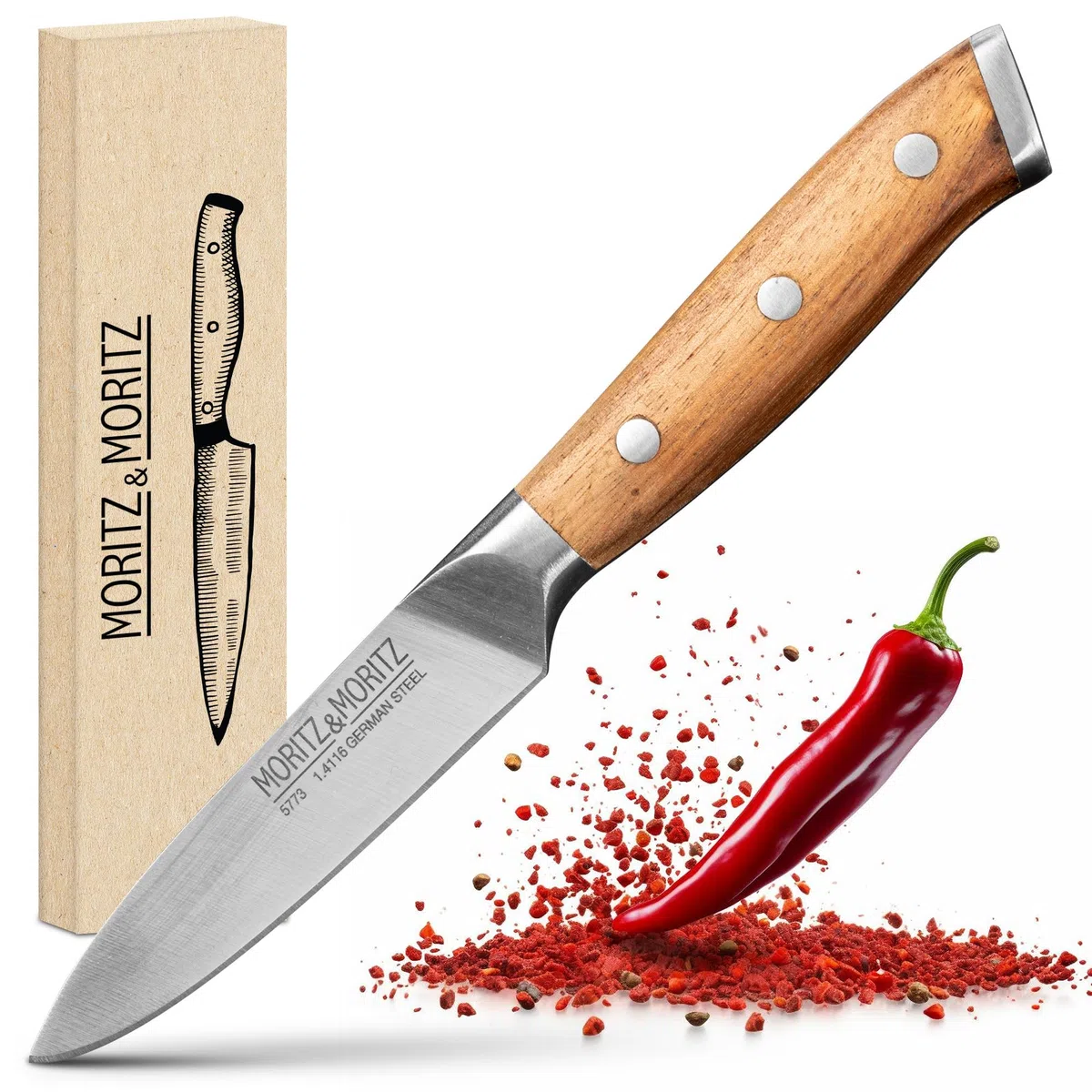 Moritz Cuchillo 9 cm para cortes precisos de verduras y frutas - mango ergonómico de acacia - multiusos de acero alemán