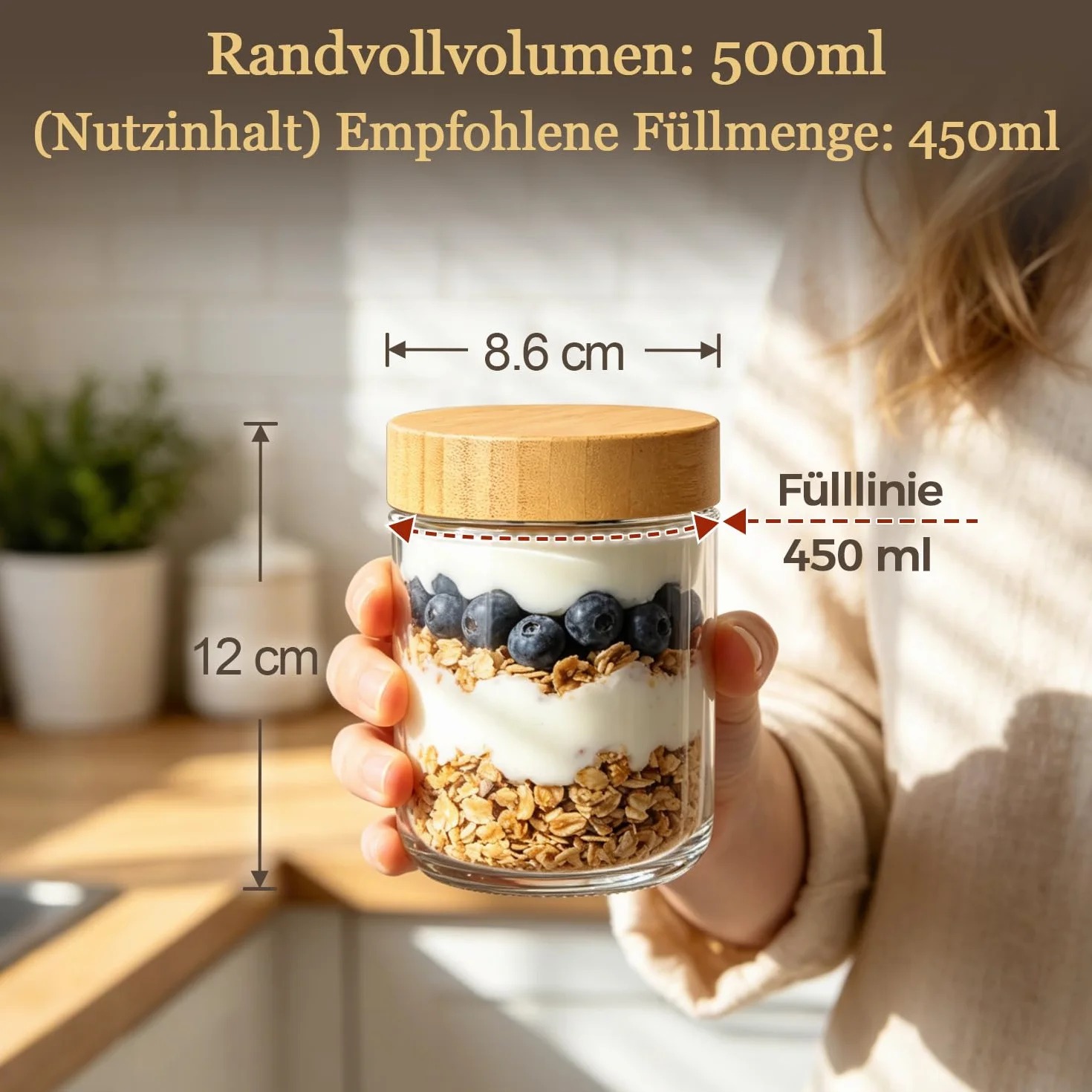 ComSaf Set de 4 Vasos de Yogurt y Cereales de 500ml con Tapa de Bambú, Tarro de Vidrio, Overnight Oats Jar para Adultos y Niños, Desayuno Saludable para Oficina, Escuela y Picnic