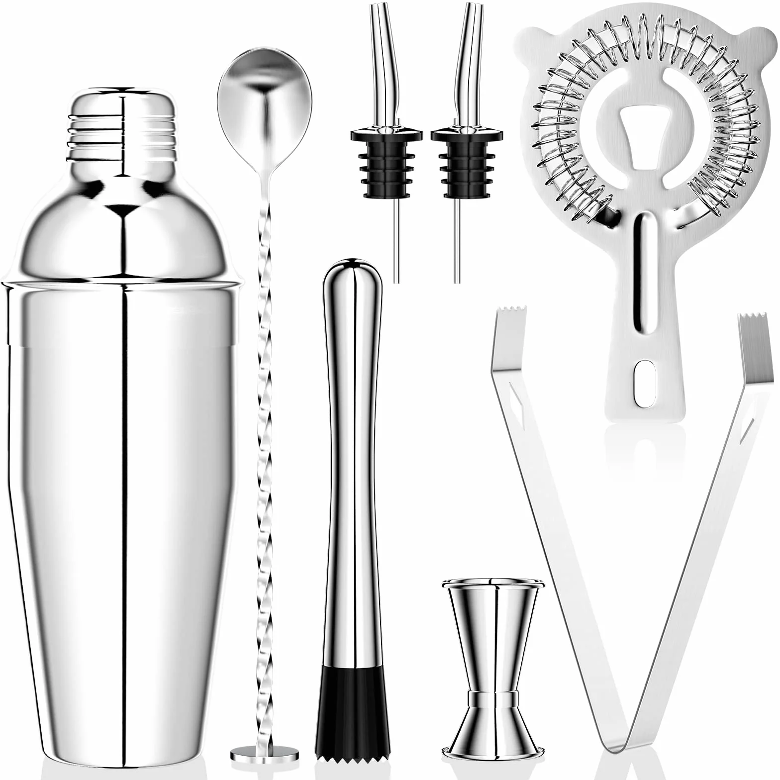 Newaner 750ML Coctelera, 8 piezas juego de Coctéles de acero inoxidable, profesional barman herramientas con colador, medidor, cuchara, vertedor, para mezclar bebidas, hogar, barra, fiestas (plata)