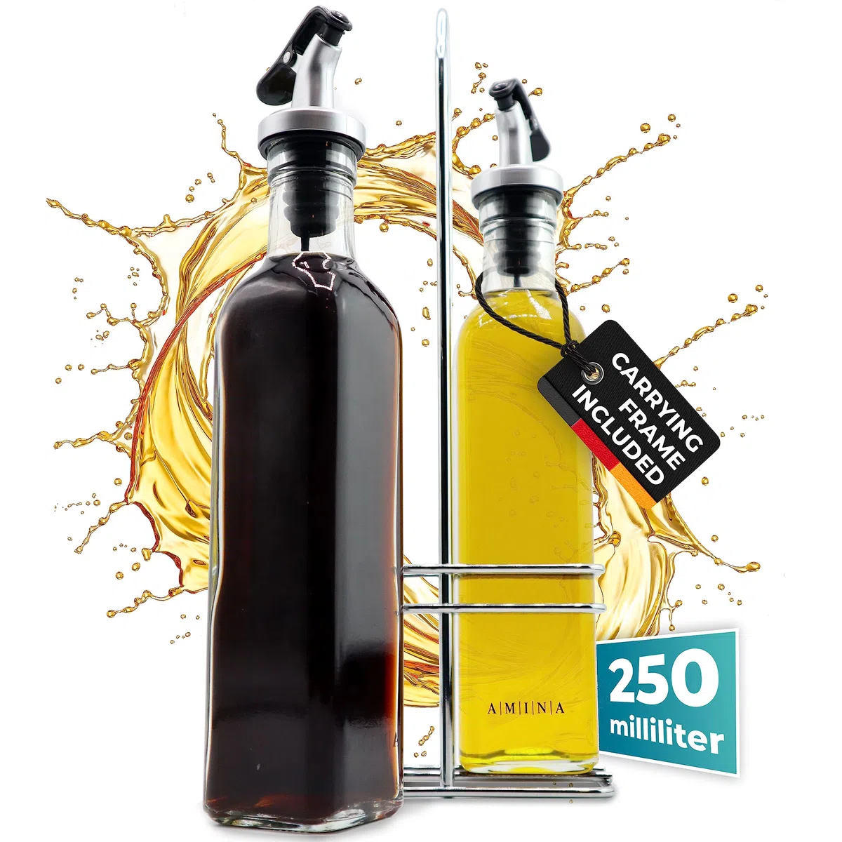 Juego de vinagrera y aceitera - (Toscana) 2 botellas de aceite de 250 ml con soporte | a prueba de fugas y sin goteo | con tapón antisuciedad