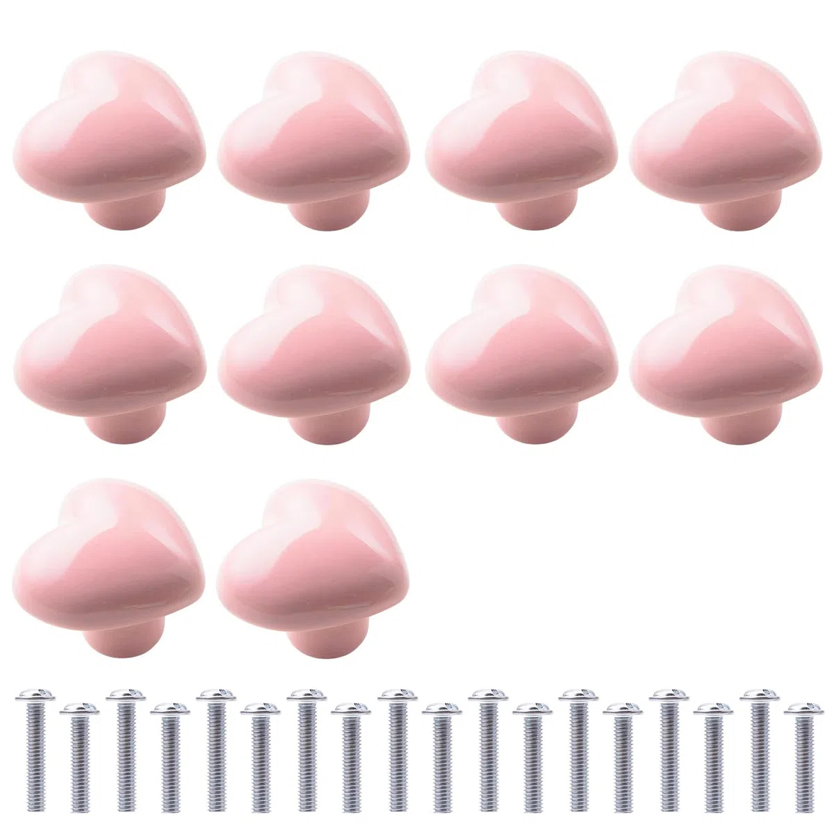 Pack de 10 Pomos para Muebles de Cerámica en Forma de Corazón Rosa - Tiradores con Tornillos Incluidos para Cocina, Armarios, Gabinetes y Más‌