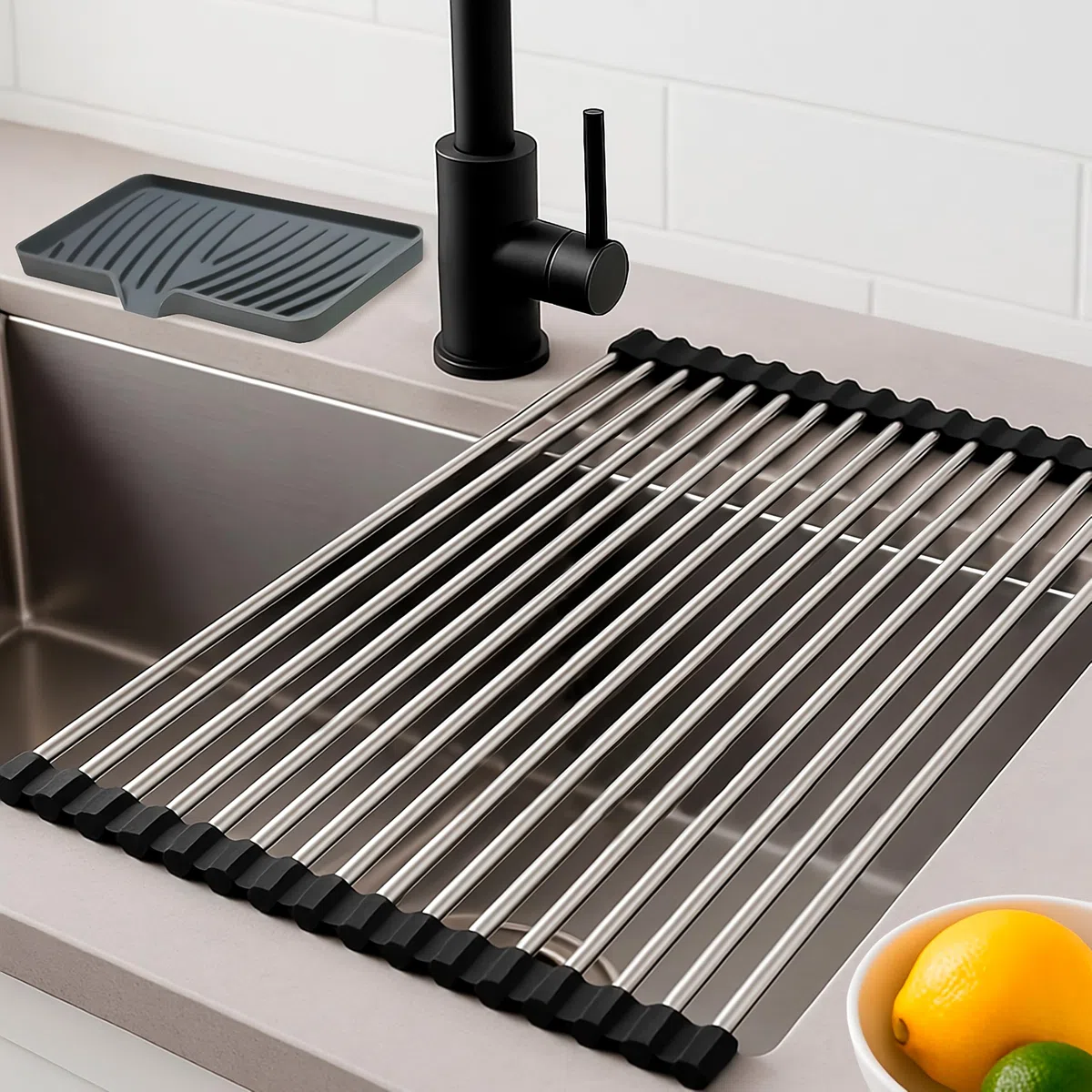 Escurreplatos Plegable Acero Inoxidable SUS 304 43x35cm para Fregadero con Soporte Estropajo