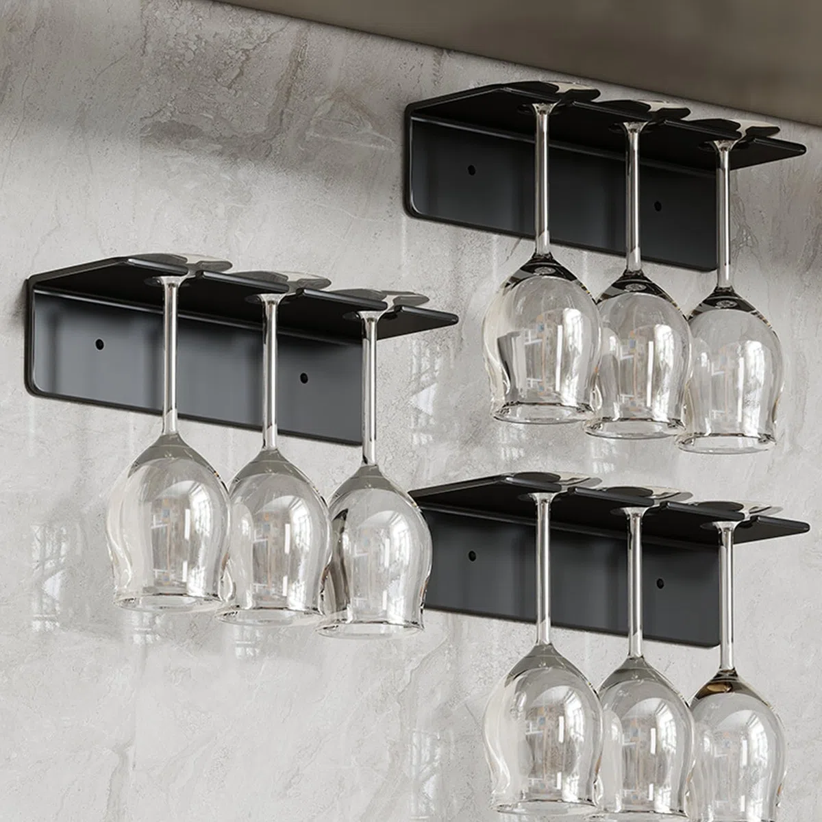 3 Piezas Soporte Para Copas de Vino Pared Soporte Copas Colgante Autoadhesivo Estante para Copas de Vino Metal Colgador de Copas Armario Cuelga Copas para Bar Cocina Restaurante (Negro)