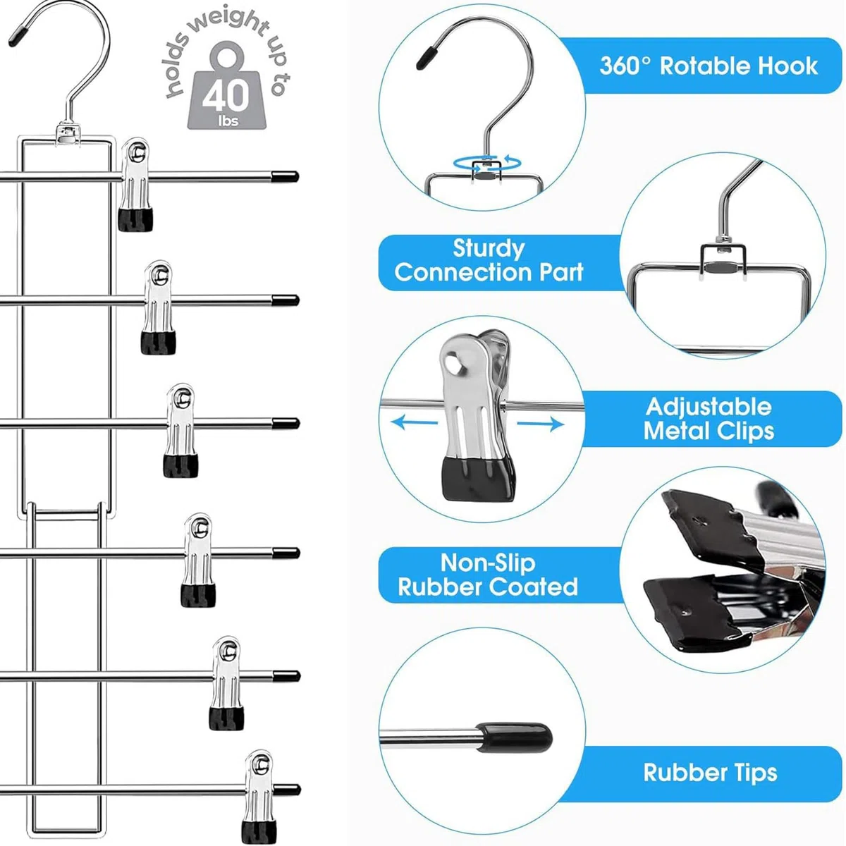 Perchas para pantalones que ahorran espacio, 2 unidades de acero inoxidable, resistentes y plegables, con pinzas ajustables, gancho giratorio de 360°, antideslizante, organizador de armario