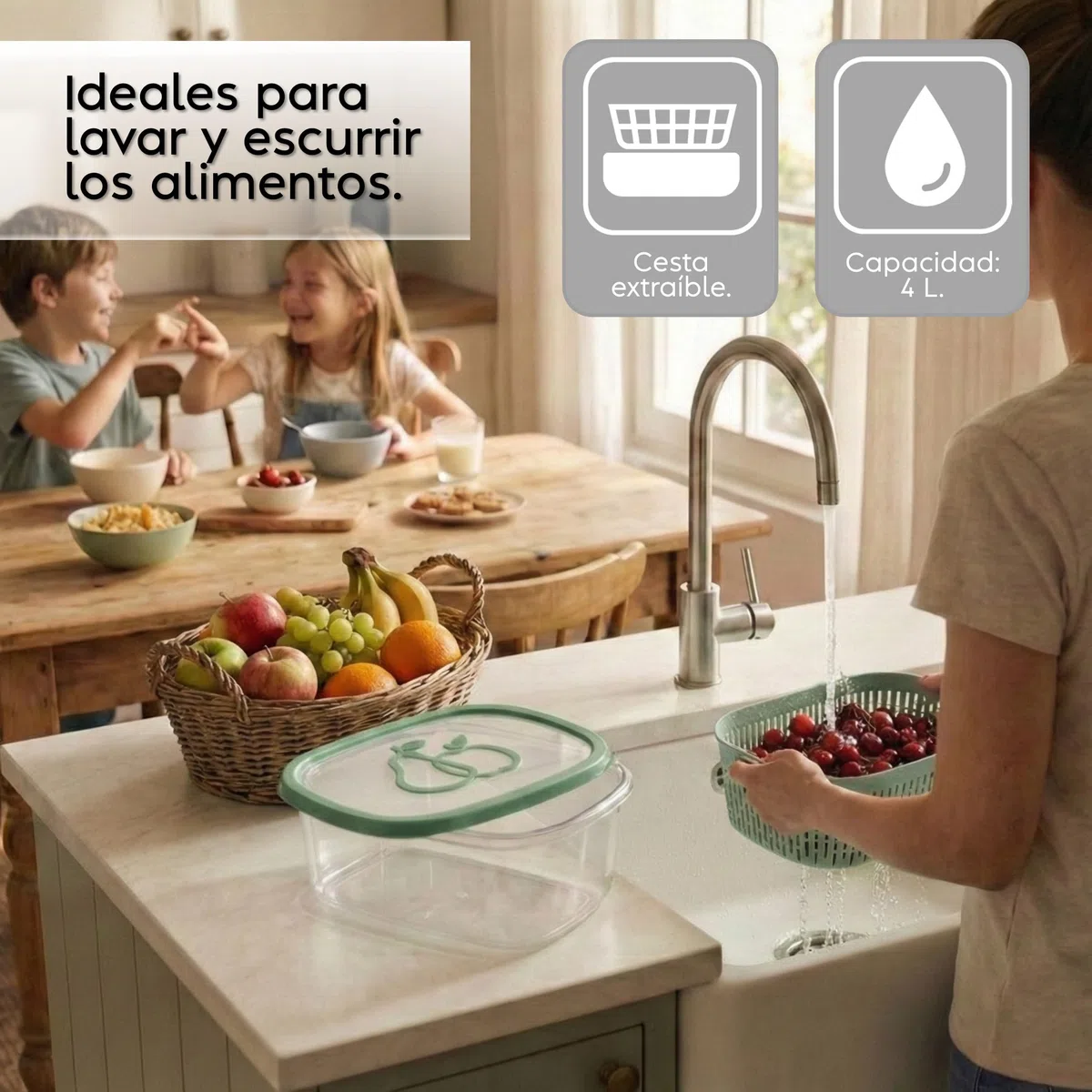 Snips Aroma Keeper 4 L, Contenedor para Alimentos con Cesta Extraíble, Tapa Salvafrescura, para Fruta y Verdura, Apto para Congelador y Lavavajillas, Verde, Made in Italy