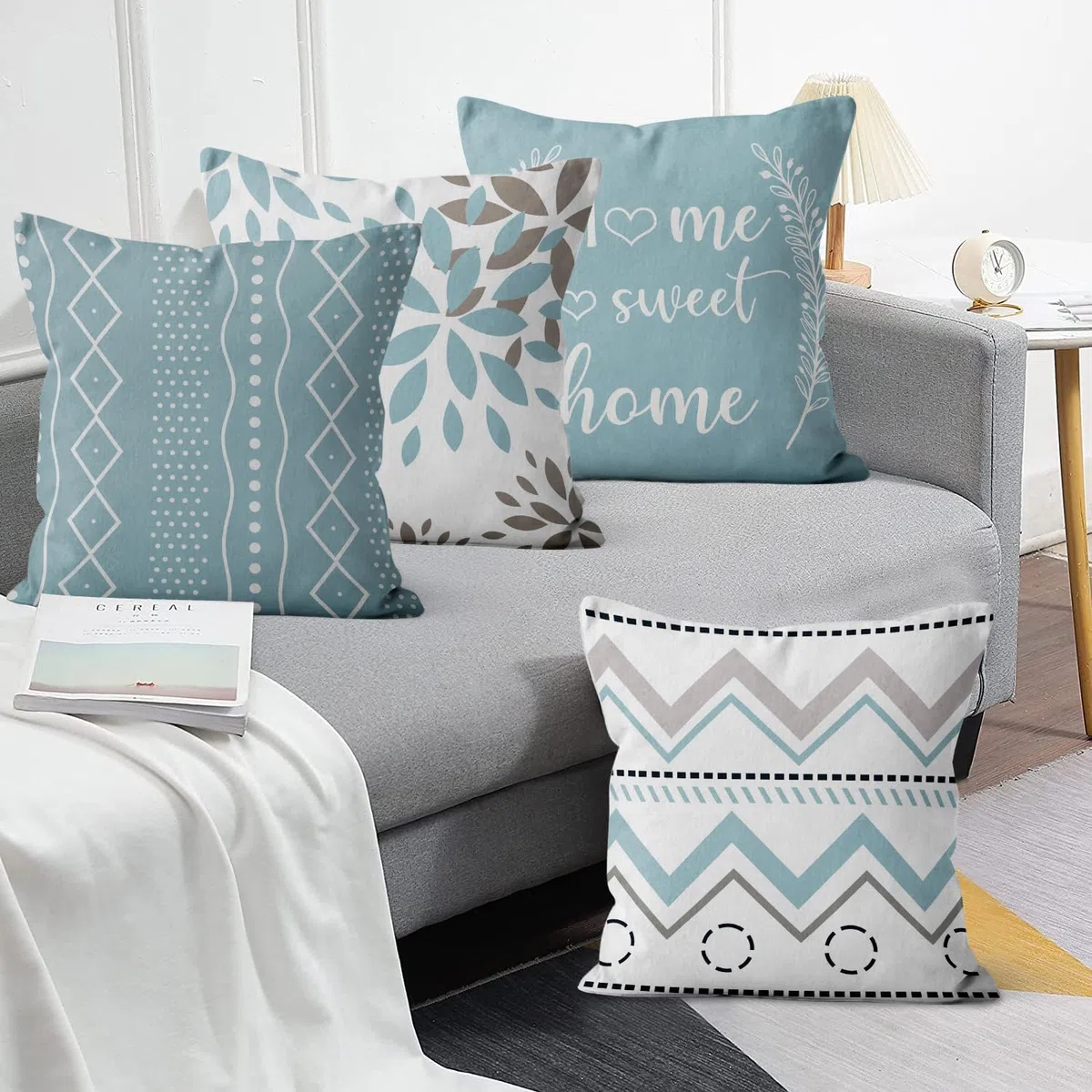 Azul Fundas de Cojín 40x40 cm Juego de 4, Moderno Azul Gris Blanco Geometría Estampado Rústico Cuadrado Sofá Decorativo Lavable Poliéster Lino Textil Exterior Jardín Funda de Almohada